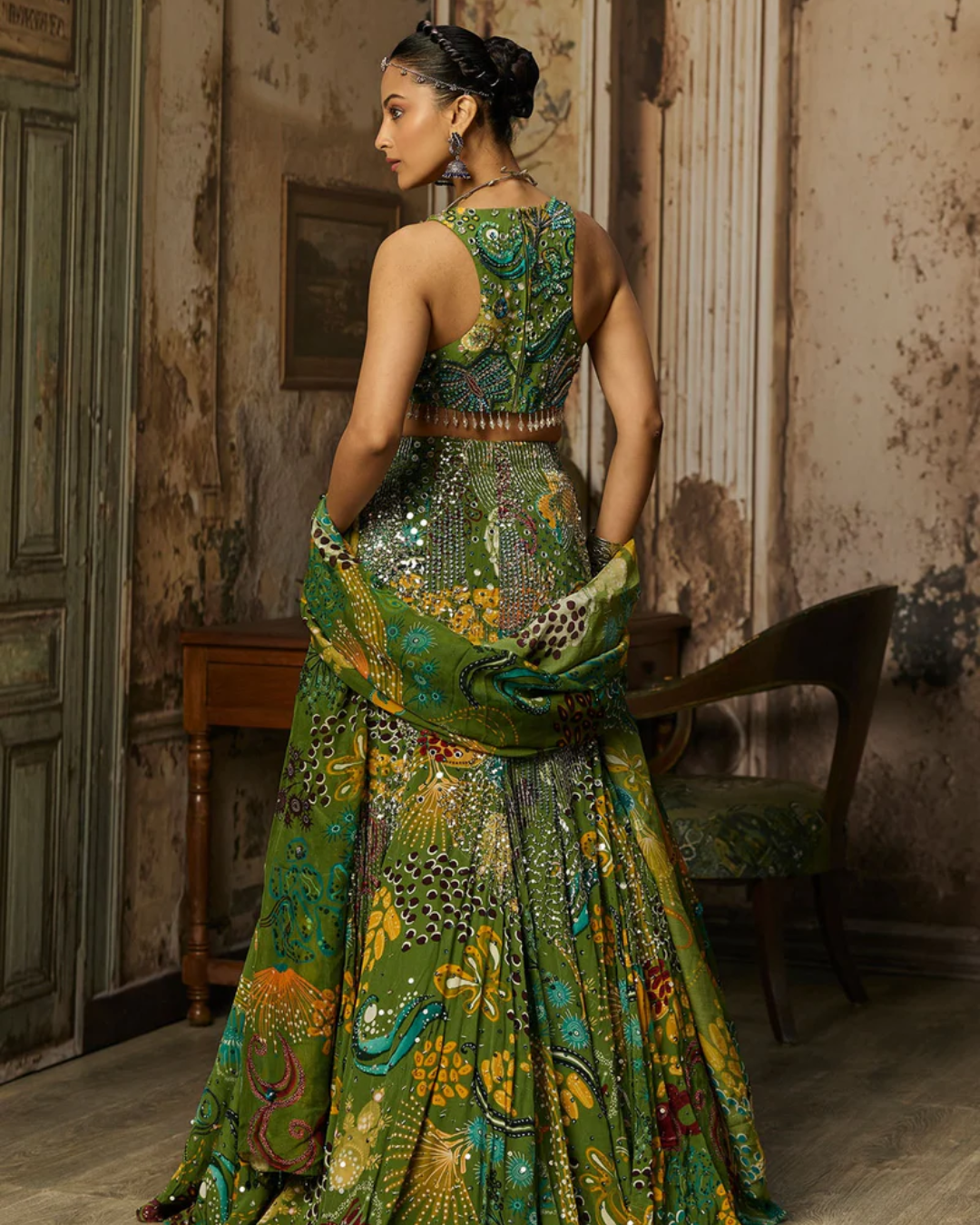 Diya Rajvvir - Pear Green Printed And Highlighted Mermaid Skirt Set from Bahaar
