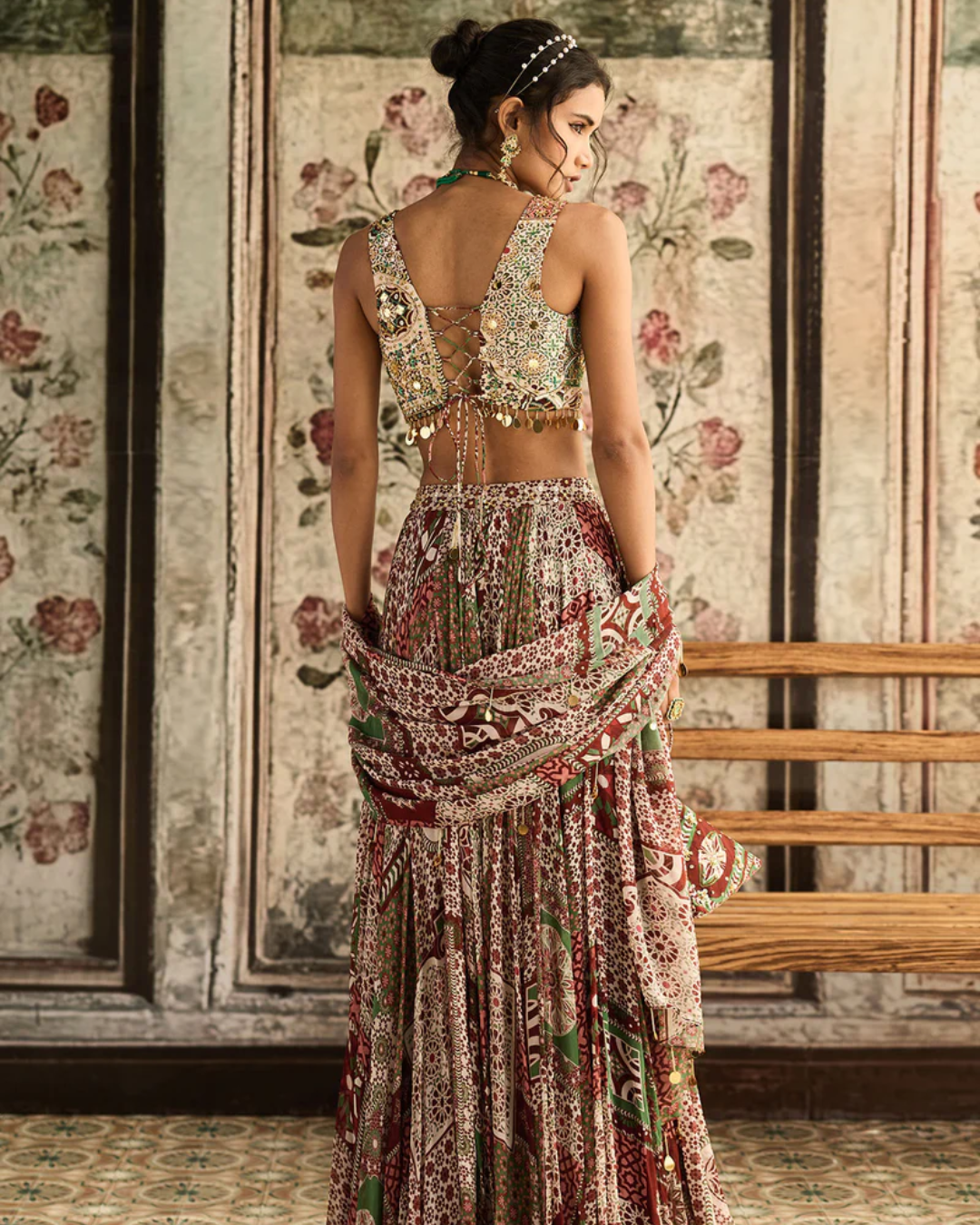 Diya Rajvvir - Sage-Maroon Print And Highlighted Lehenga Set from Bahaar (Sale Piece)