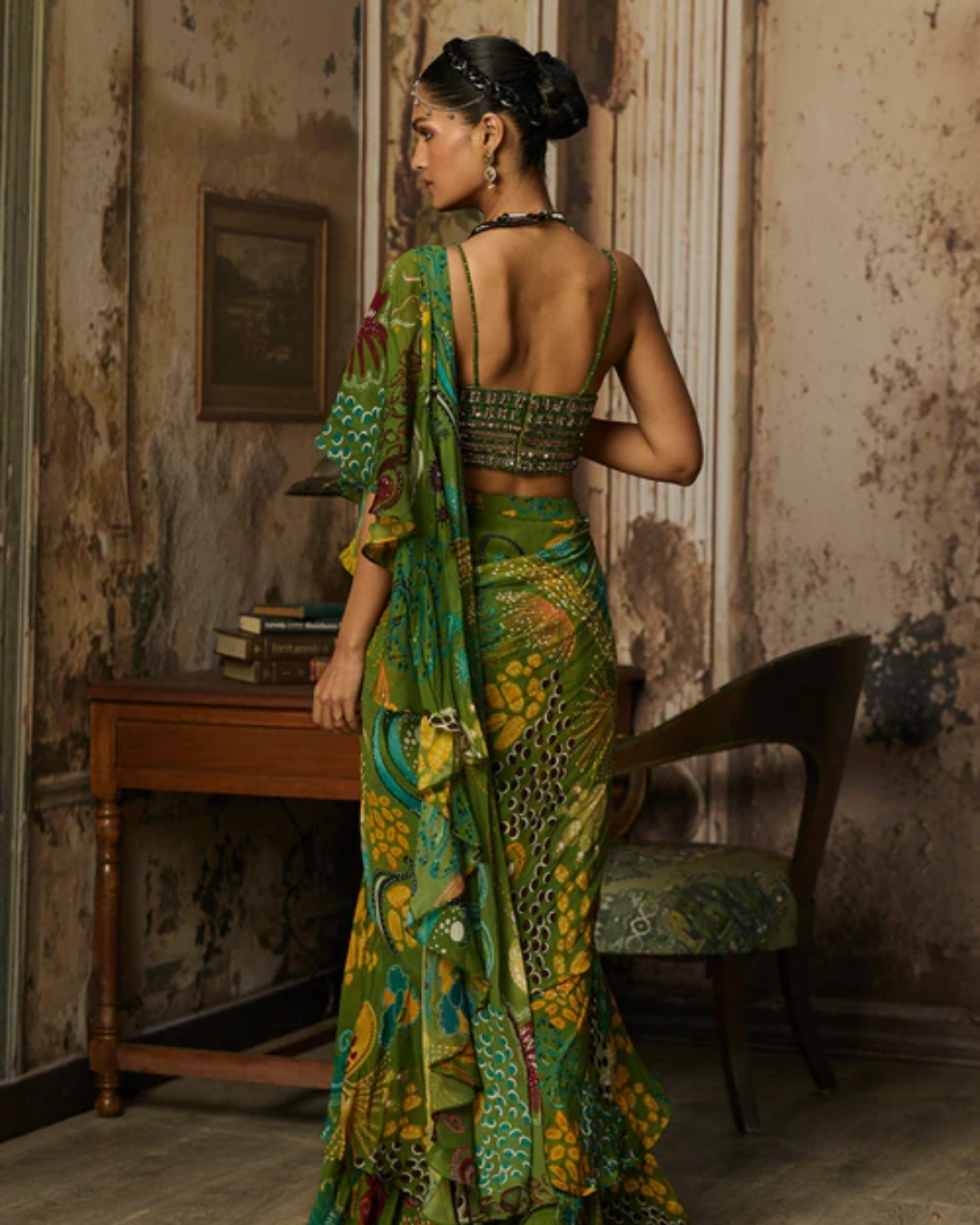 Diya Rajvvir - Pear Green Printed And Highlighted Ruffle Skirt Saree Set from Bahaar