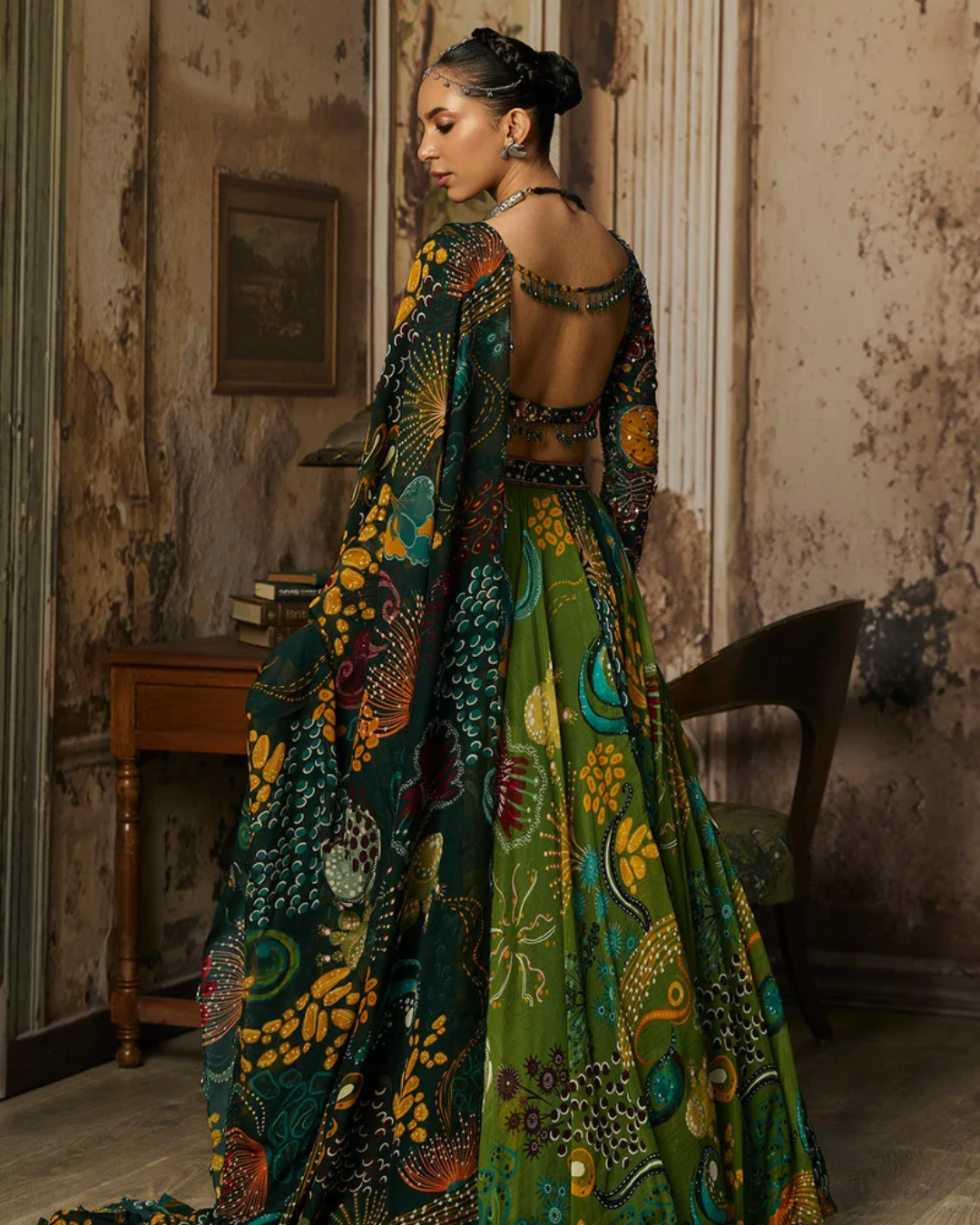 Diya Rajvvir - Dark Green Dual Printed And Highlighted Lehenga Set from Bahaar