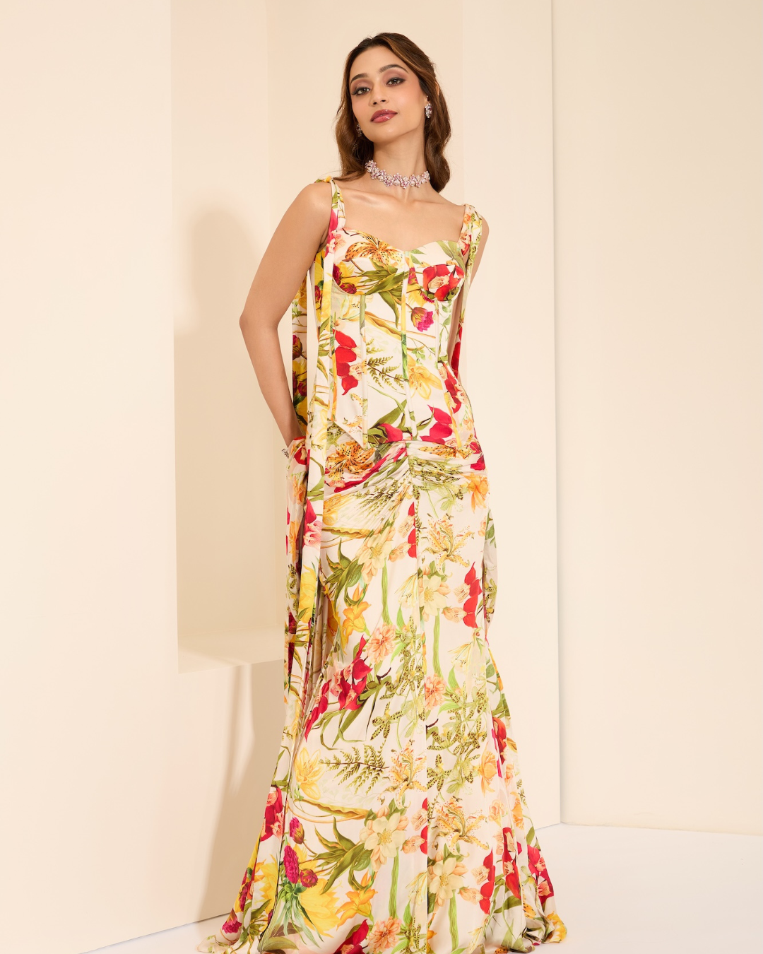 K&A by Karishma and Ashita - Ivory Blossom Corset With Skirt and Stole