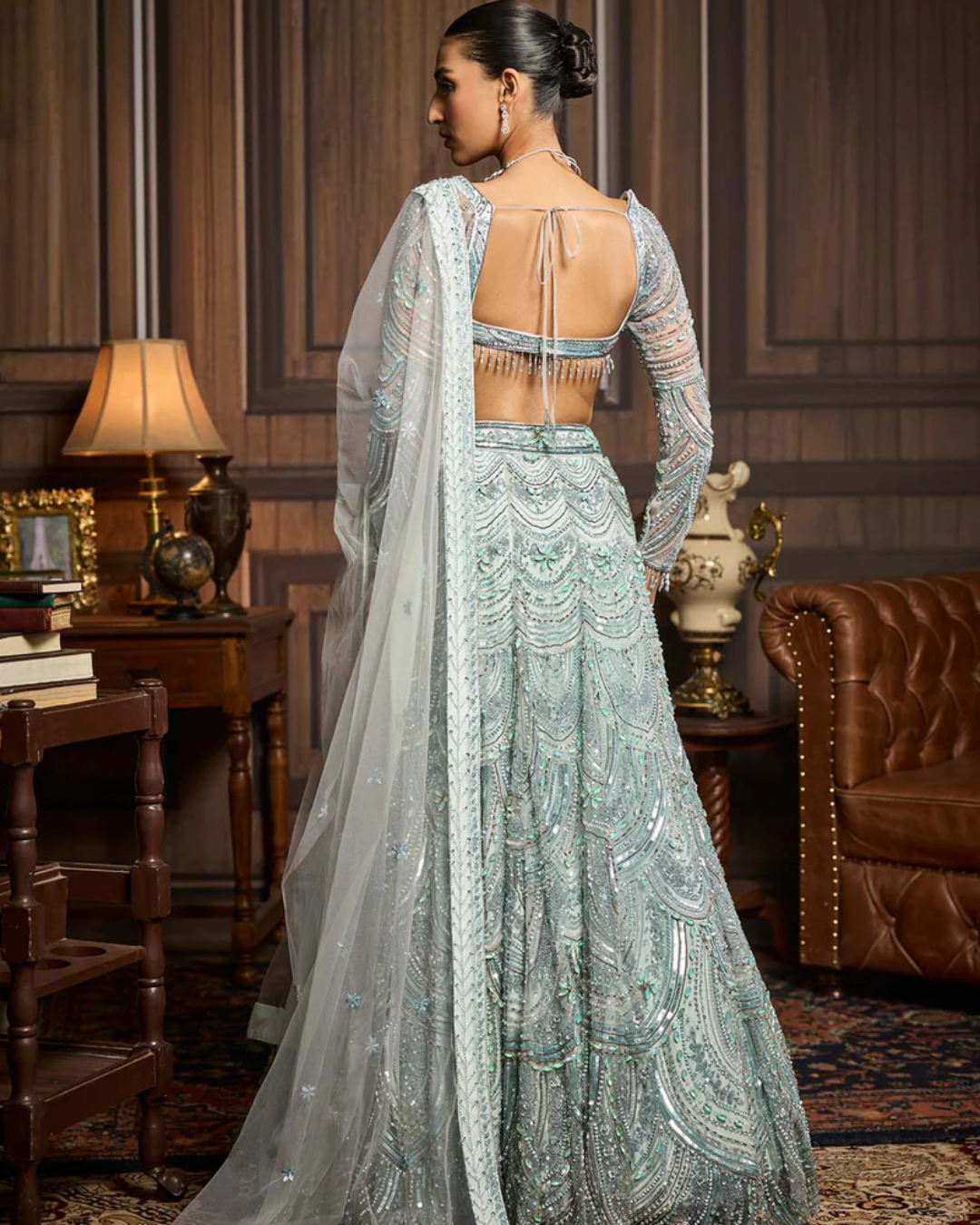 Diya Rajvvir - Ice Blue Fully Embellished Lehenga Set from Taara