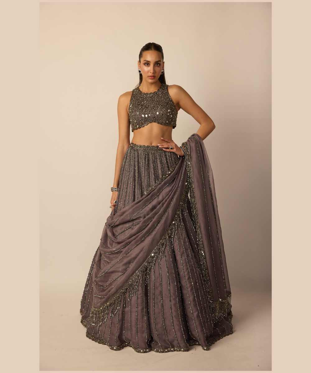 Metallic Grey Linear Lehenga Set