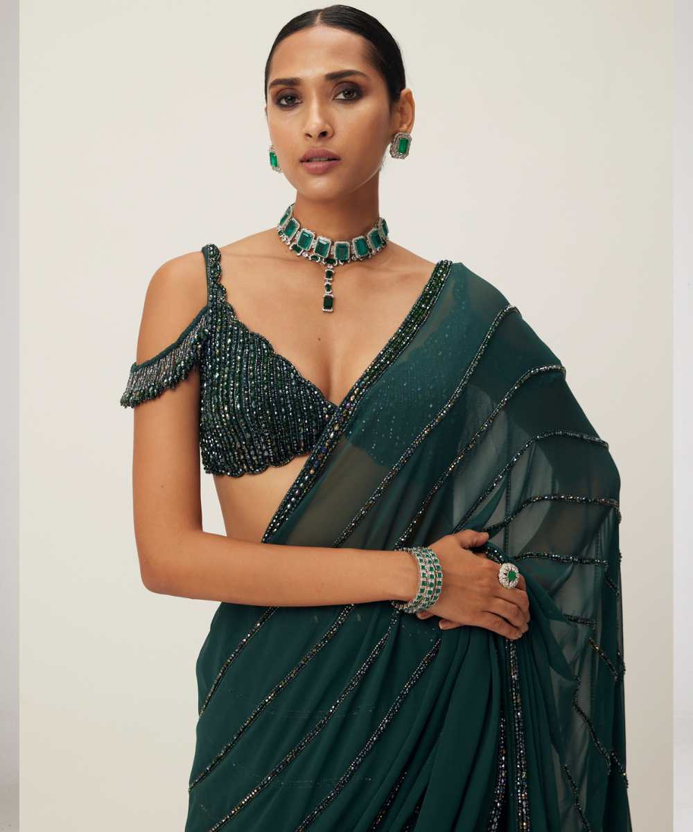 Dark Jade Green Crystal Linear Embroidered Saree - Collection name Maya by Vvani Vats