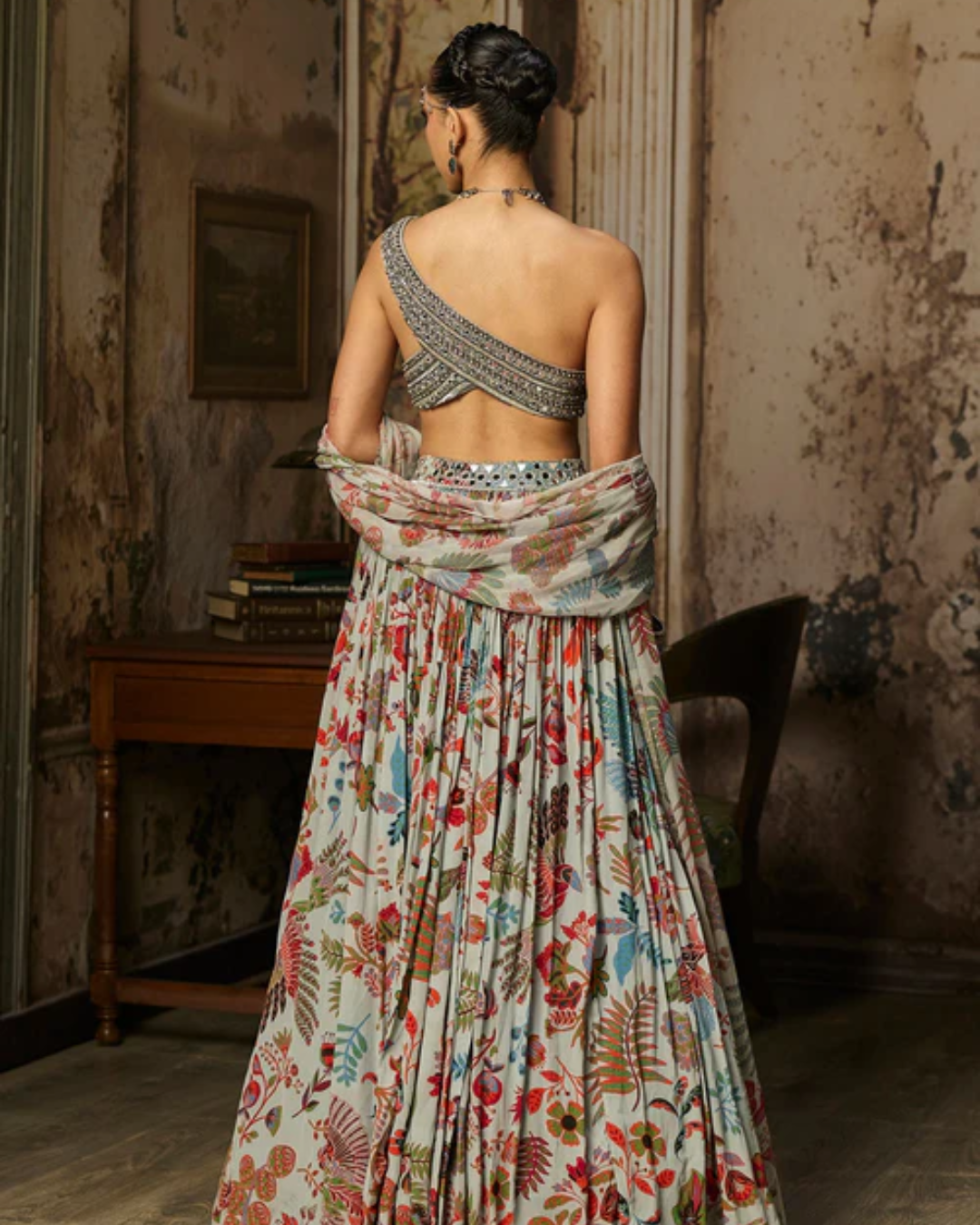 Diya Rajvvir - Slate Grey Embroidered Blouse With Printed Lehenga Set from Bahaar