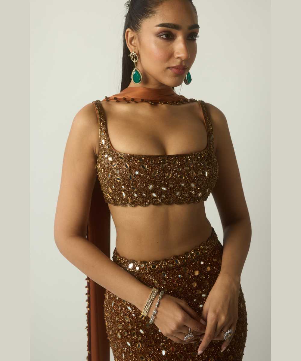 Metallic Copper Pencil Skirt Set