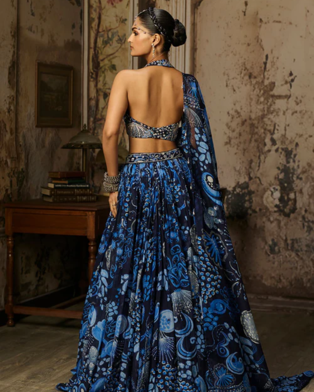 Diya Rajvvir - Navy Blue Printed & Highlighted Lehenga Set from Bahaar