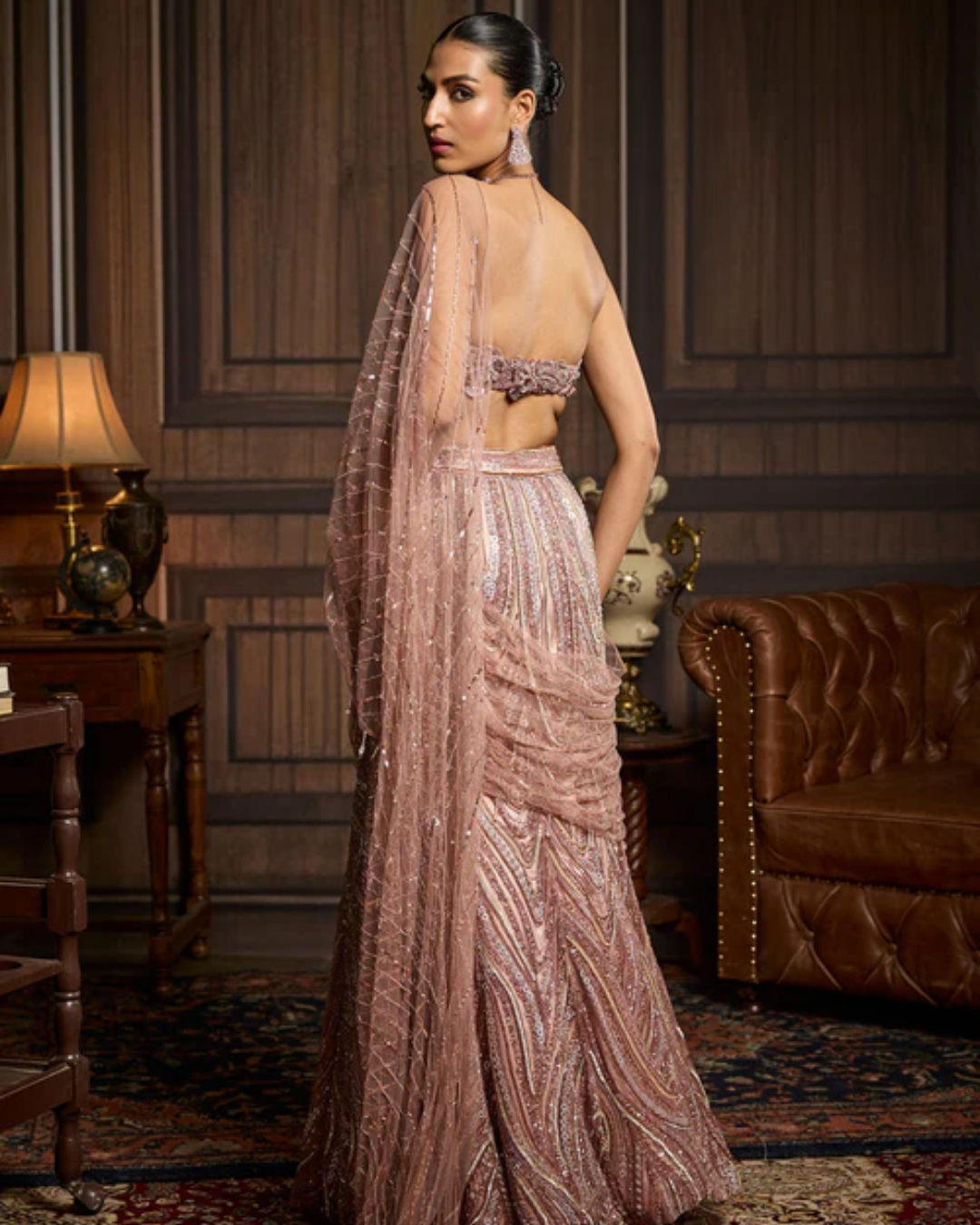 Diya Rajvvir - Blush Pink Embellished Pre-Draped Skirt Saree Set from Taara