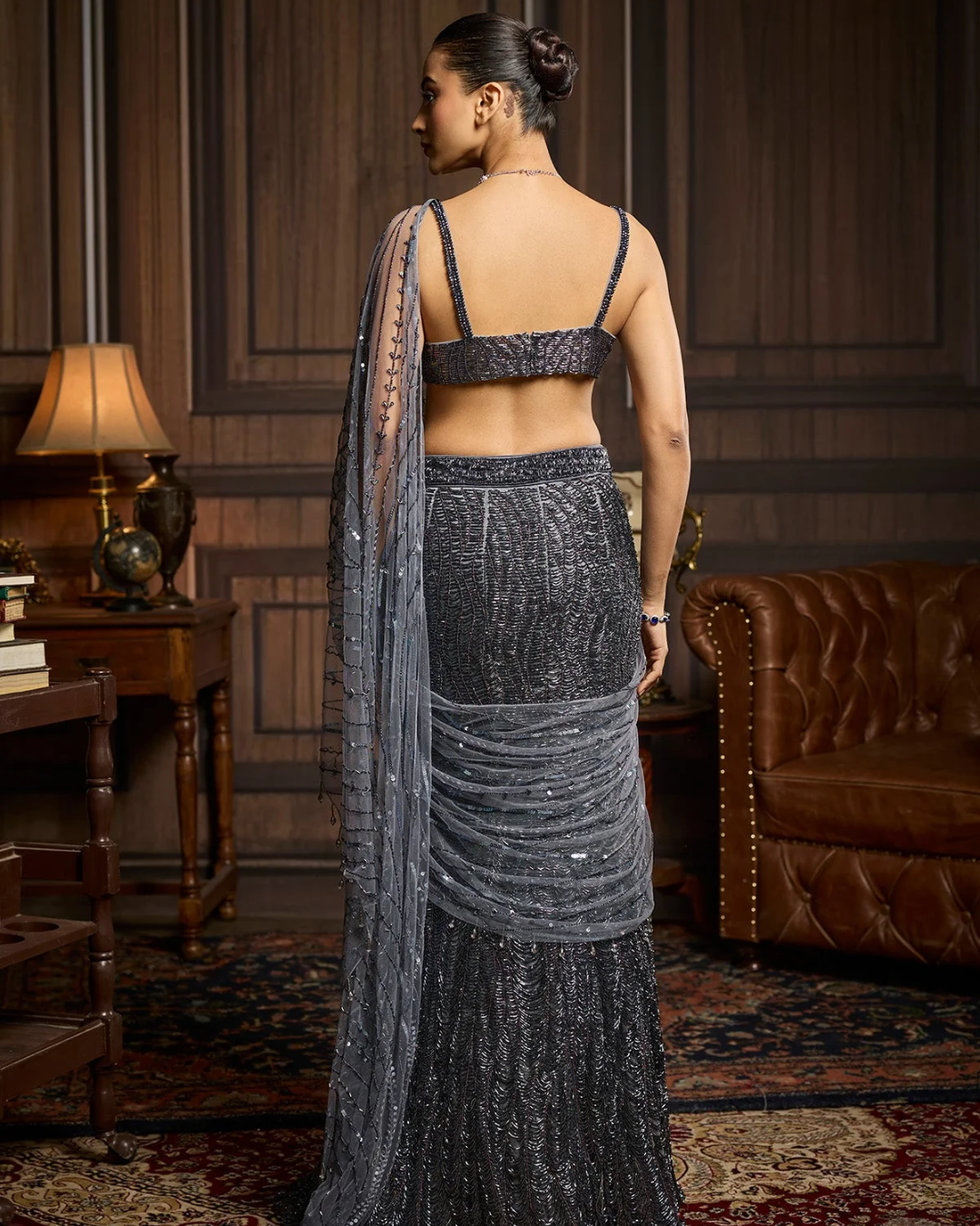 Diya Rajvvir - Gunmetal Embellished Pre-Draped Skirt Saree Set from Taara