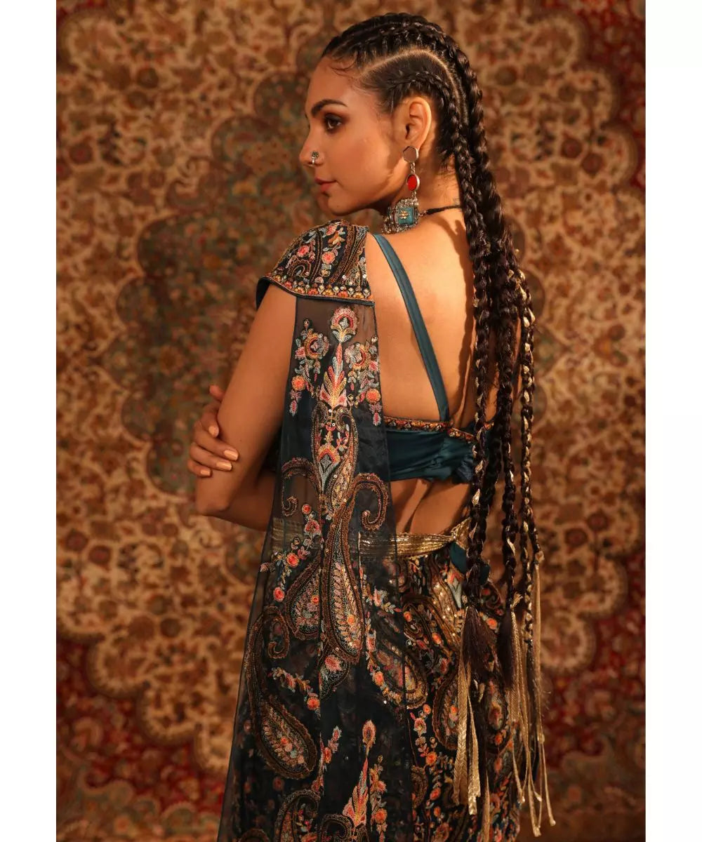 ADITI GUPTA - Teal jamawaar Blouse with Draped Skirt