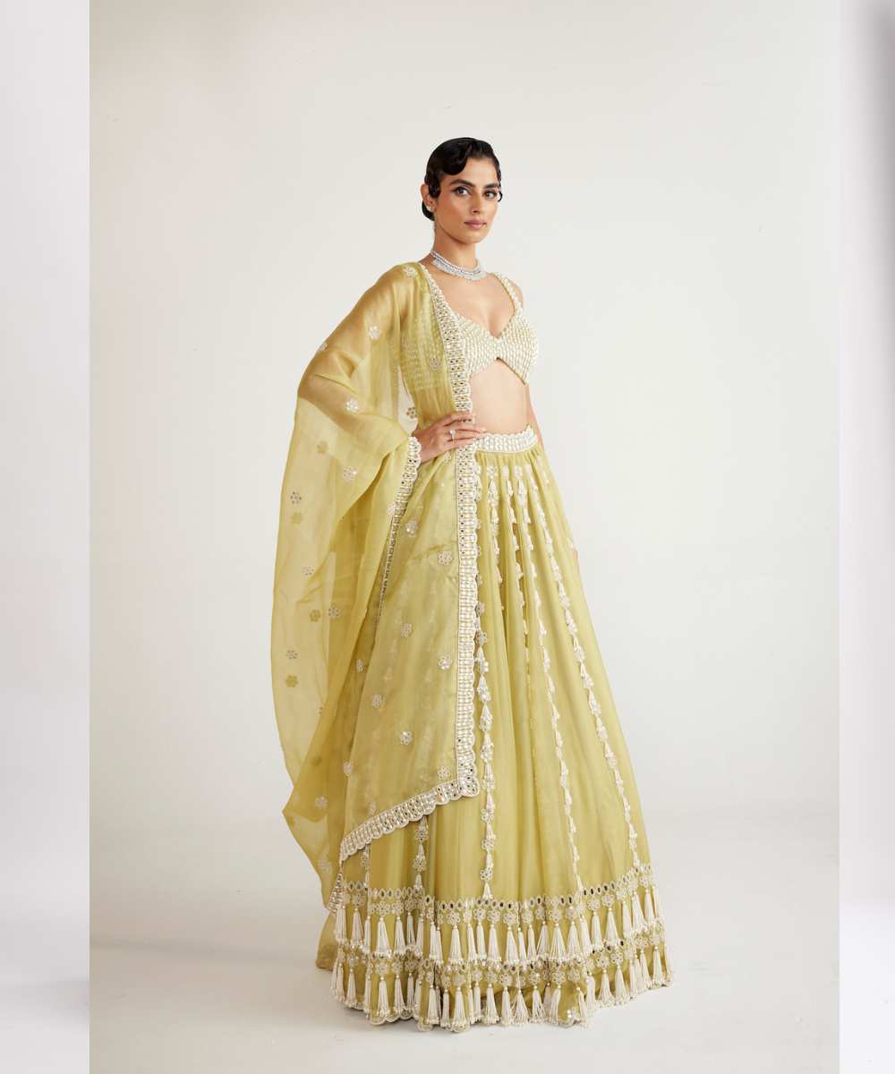 Fern Green Chandelier Pearl Drop Lehenga Set - Collection name Piroi by Vvani vats