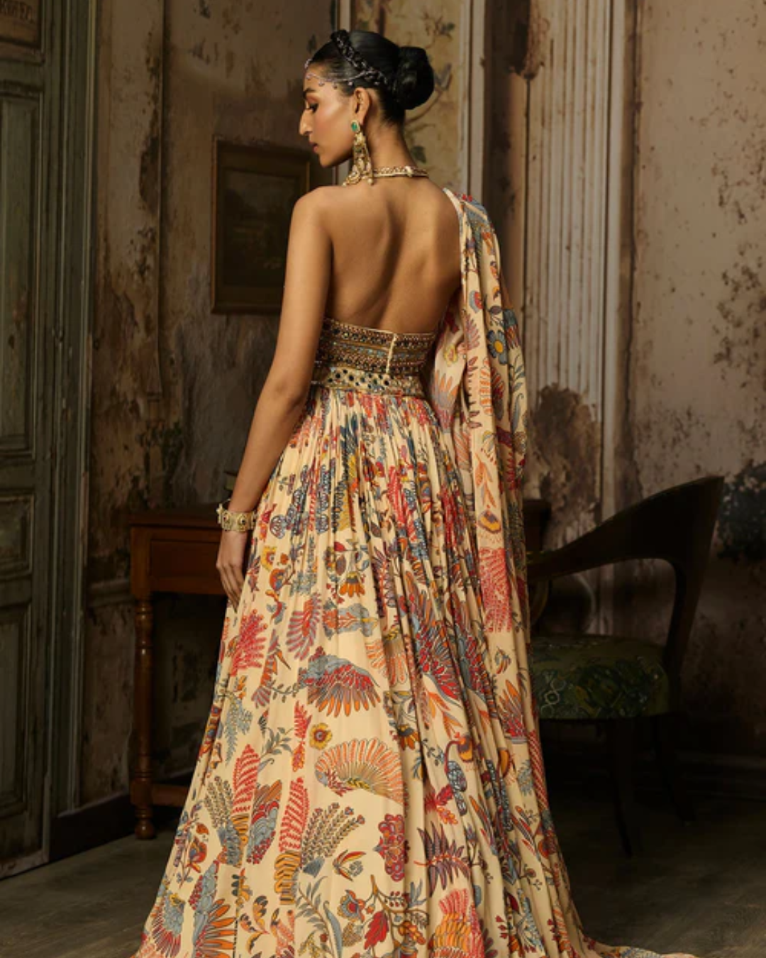 Diya Rajvvir - Beige Embroidered Blouse With Printed And Embroidered Lehenga Set from Bahaar