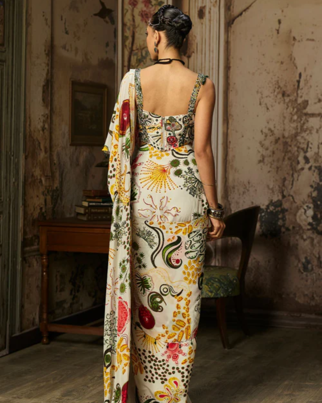Diya Rajvvir - Ivory Print And Highlighted Corset With Dhoti Skirt Saree Set from Bahaar