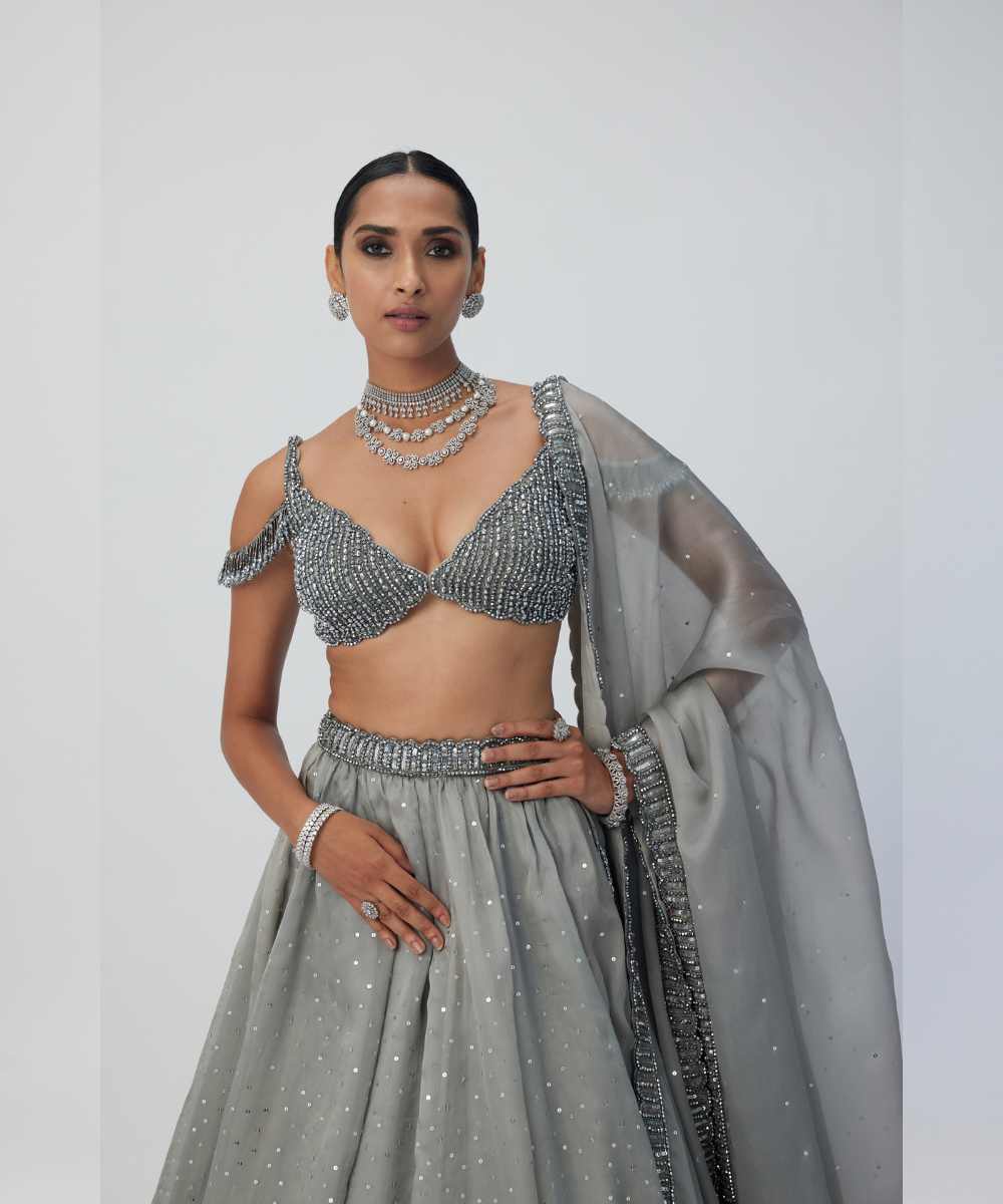 Crystal Grey Sequins Scattered Lehenga Set -  Collection name Maya by Vvani Vats