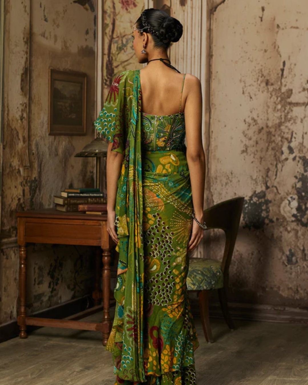 Diya Rajvvir - Pear Green Printed And Highlighted Skirt Saree Set from Bahaar