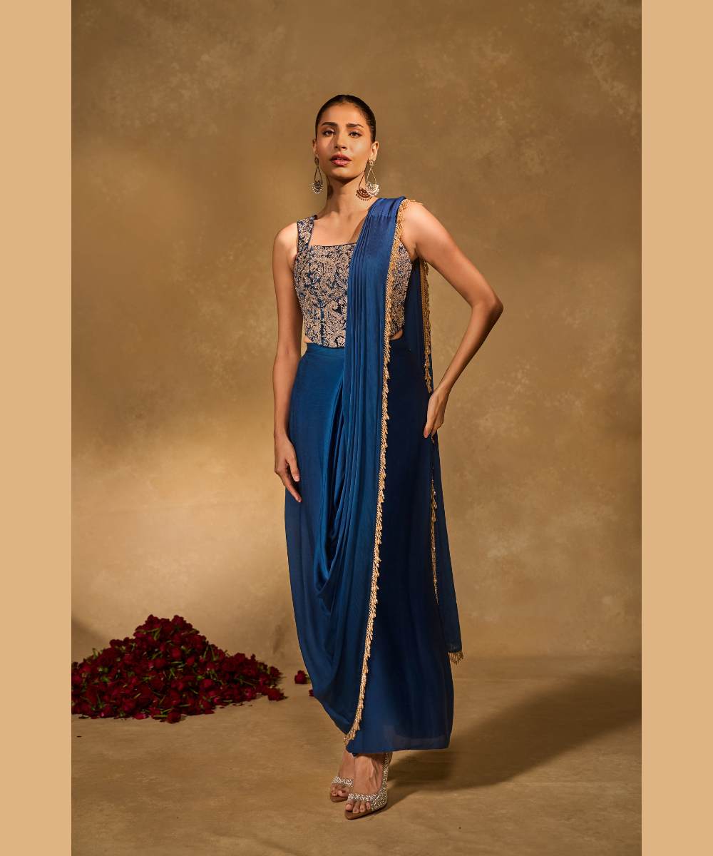 LEKHA SLIT SAREE - Satin chiffon dhoti saree embellished with tassel edging paired with a velvet corset blouse - Leher by Chamee and Palak