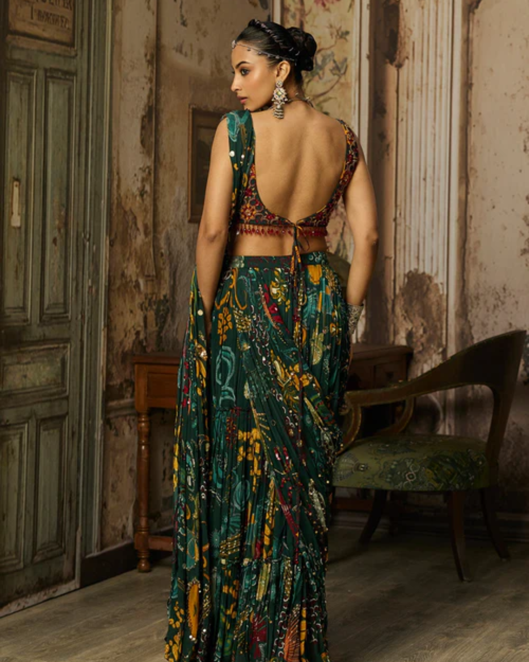 Diya Rajvvir - Dark Green Printed And Highlighted Tiered Skirt Saree Set from Bahaar