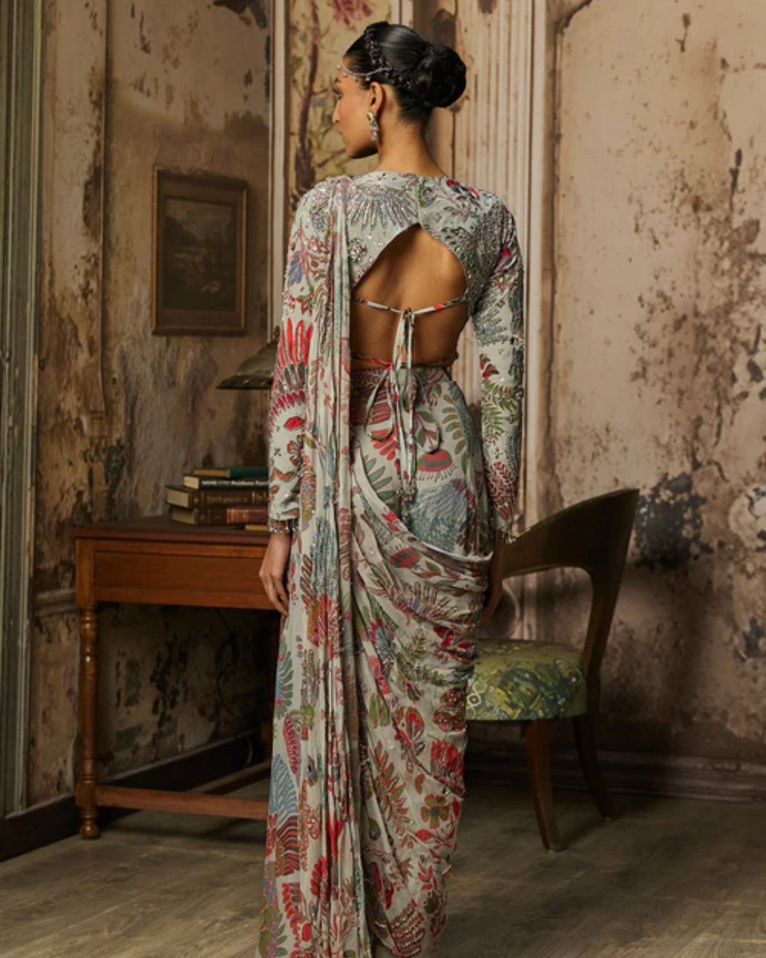 Diya Rajvvir - Slate Grey Printed And Highlighted Tiered Skirt Saree Set from Bahaar