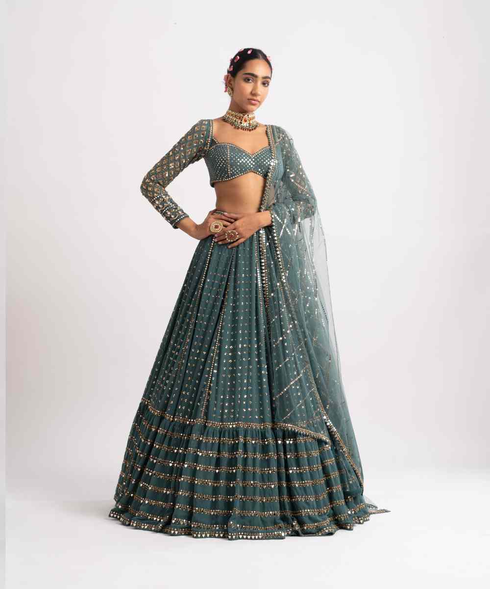 Mud Green Single Tier Lehenga Set - Collection name Rang by Vvani vats