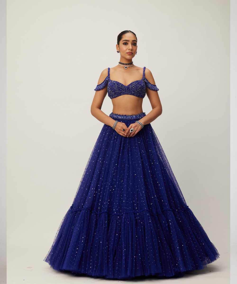 cocktail Blue Sequins Scattered Tulle Lehenga Set -  Collection name Maya by Vvani Vats
