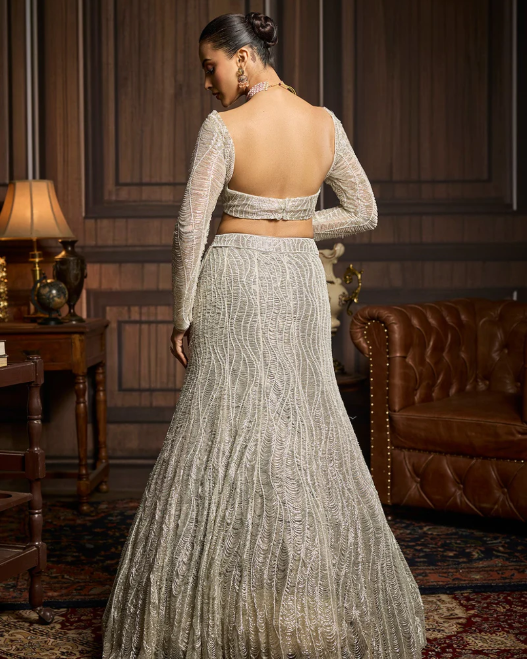 Diya Rajvvir - Silver Fully Embellished Mermaid Skirt Set from Taara