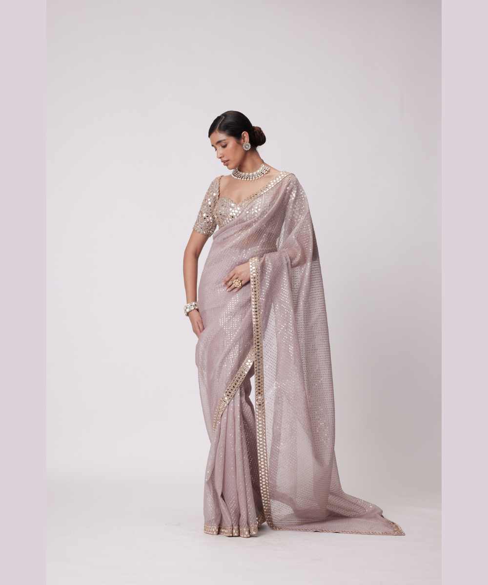 ASH PINK ORGANZA SAREE SET - Jugmug Bride by Vvani Vats
