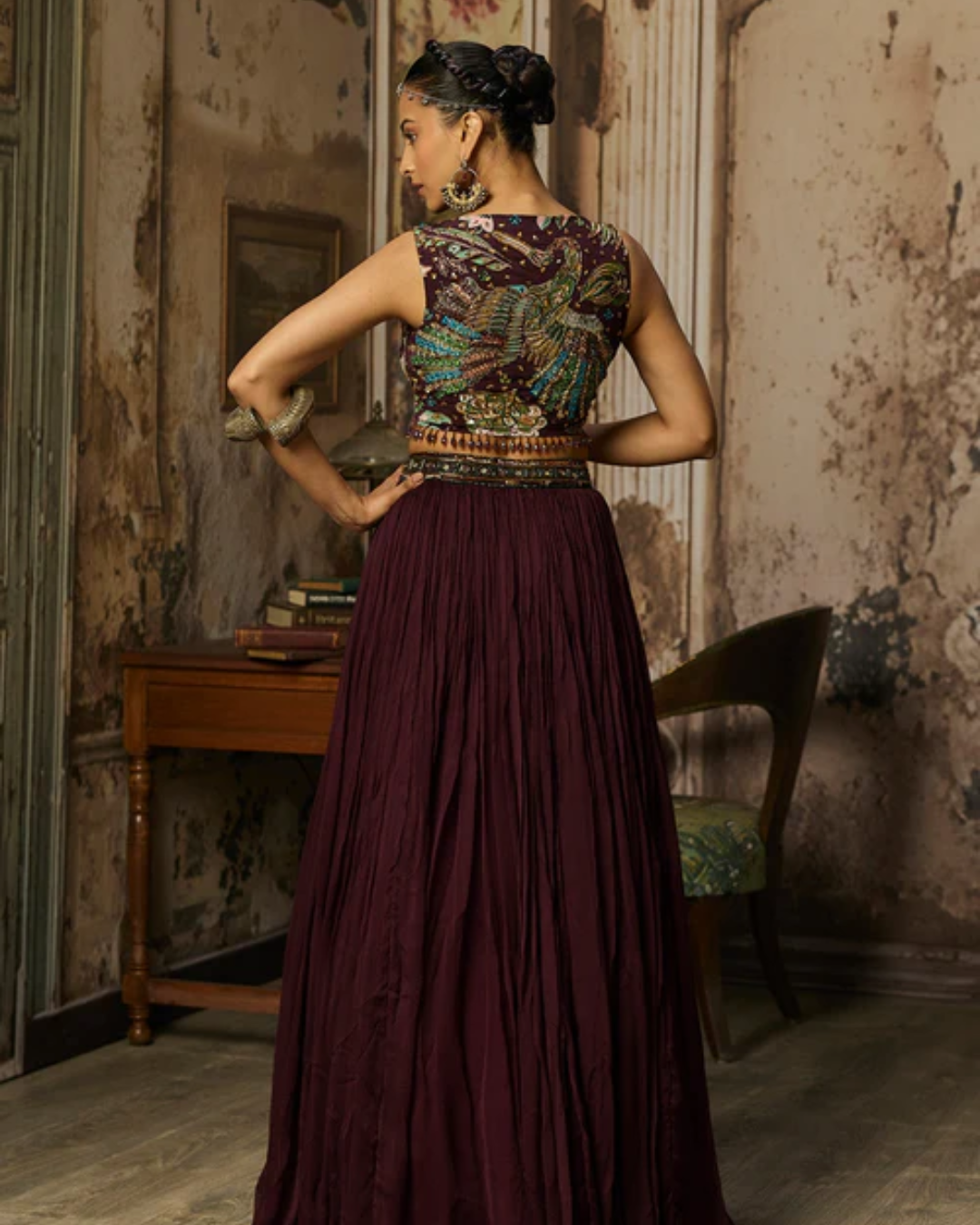 Diya Rajvvir - Plum Print And Highlighted Blouse With Skirt Set from Bahaar