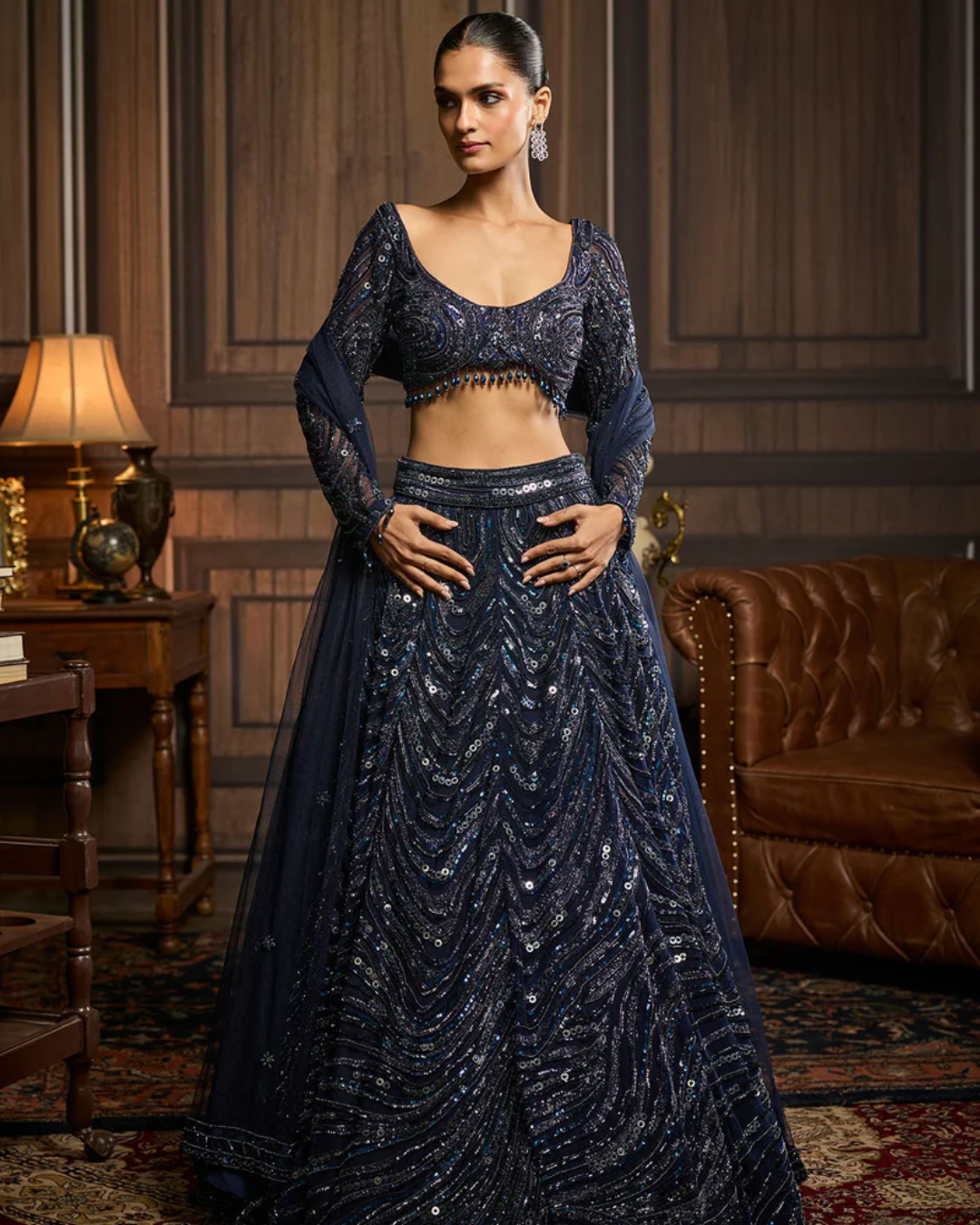 Diya Rajvvir - Midnight Blue Embellished Lehenga Set from Taara