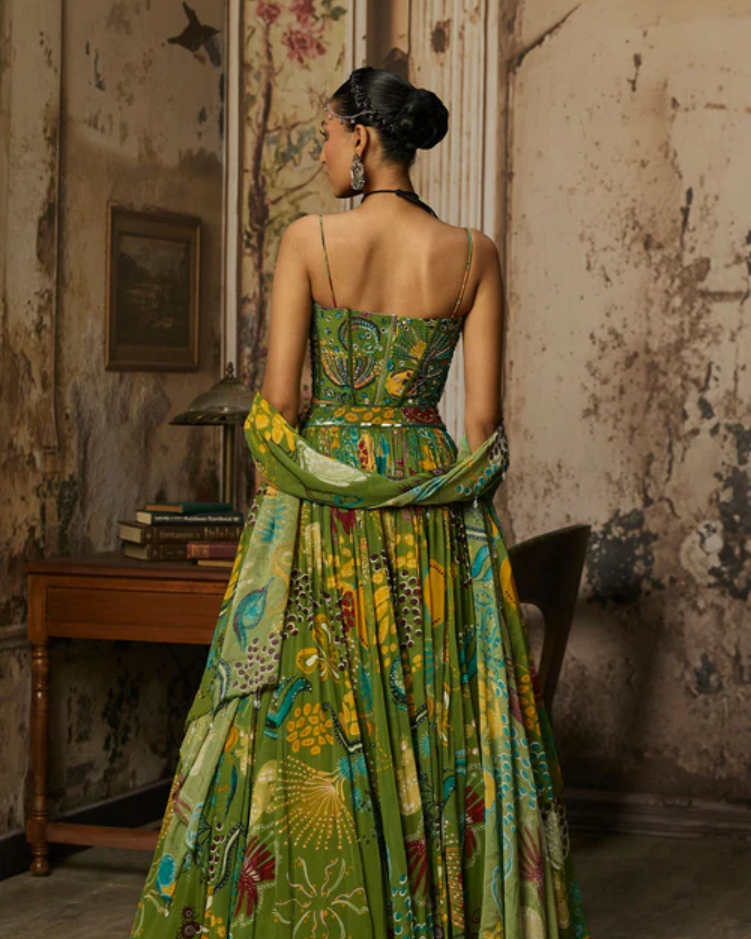Diya Rajvvir - Pear Green Printed And Highlighted Corset Lehenga Set from Bahaar