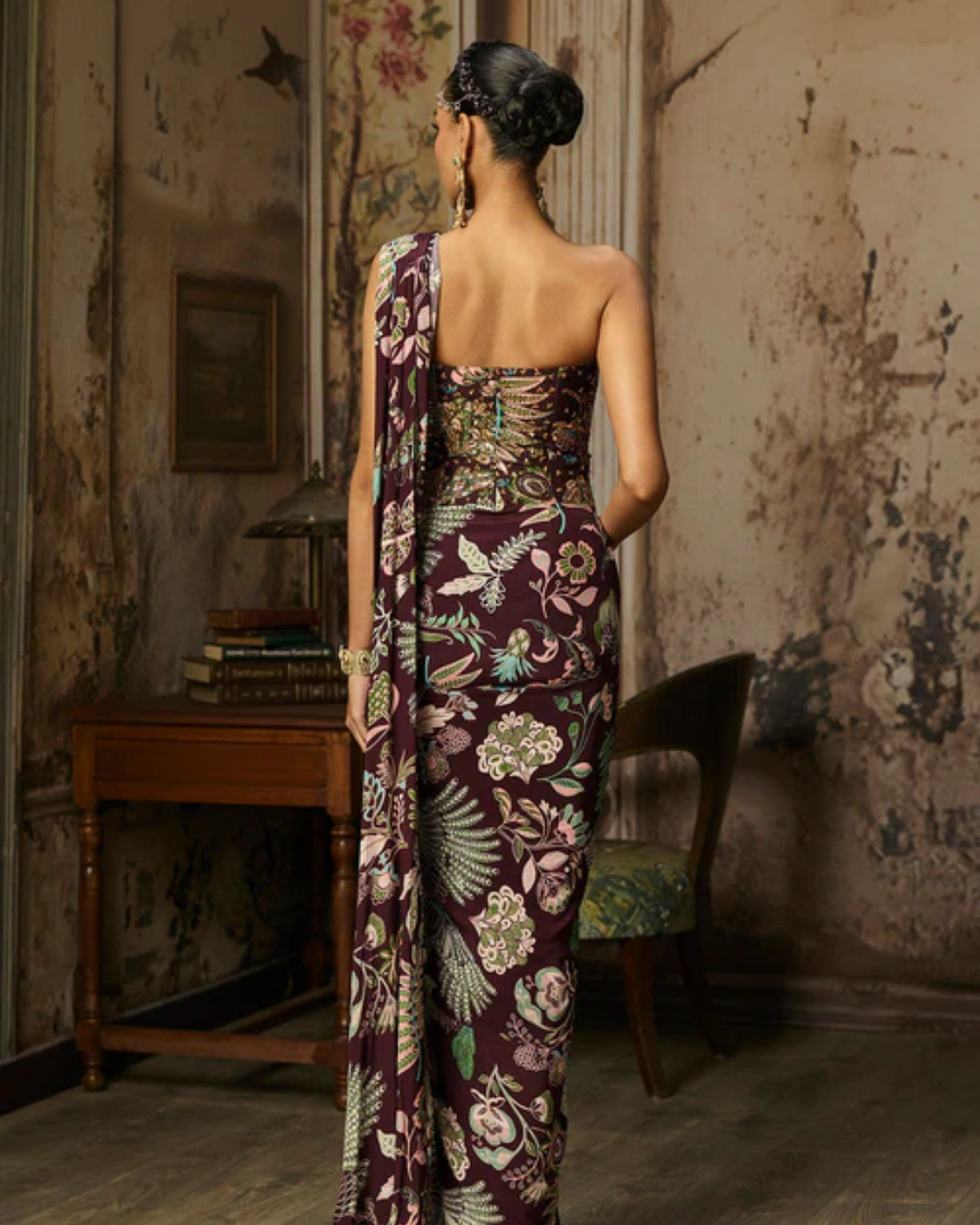 Diya Rajvvir - Plum Printed And Highlighted Corset With Dhoti Skirt Saree Set from Bahaar