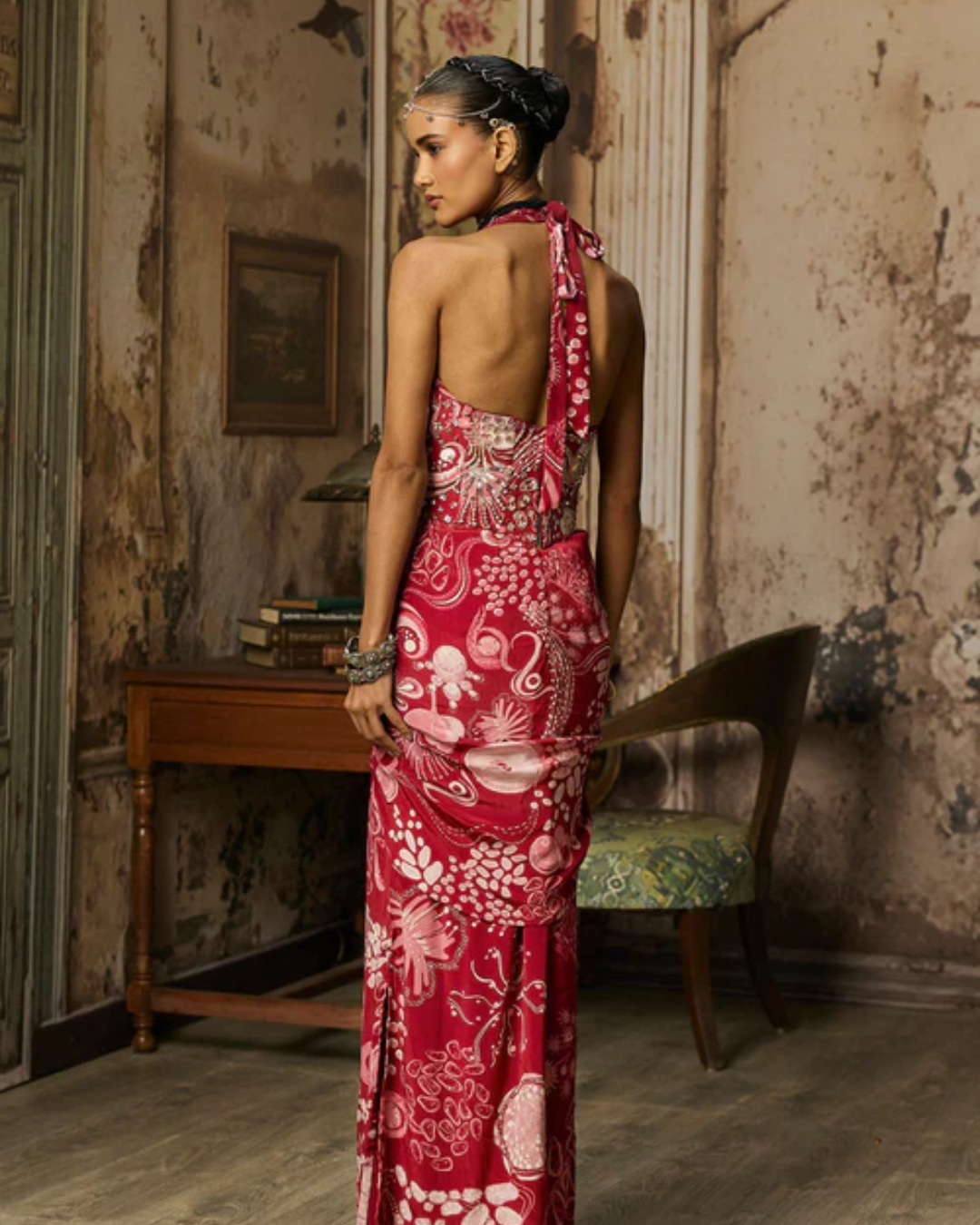 Diya Rajvvir - Scarlet Red Printed Slit Dress With Highlighted Corset Belt from Bahaar