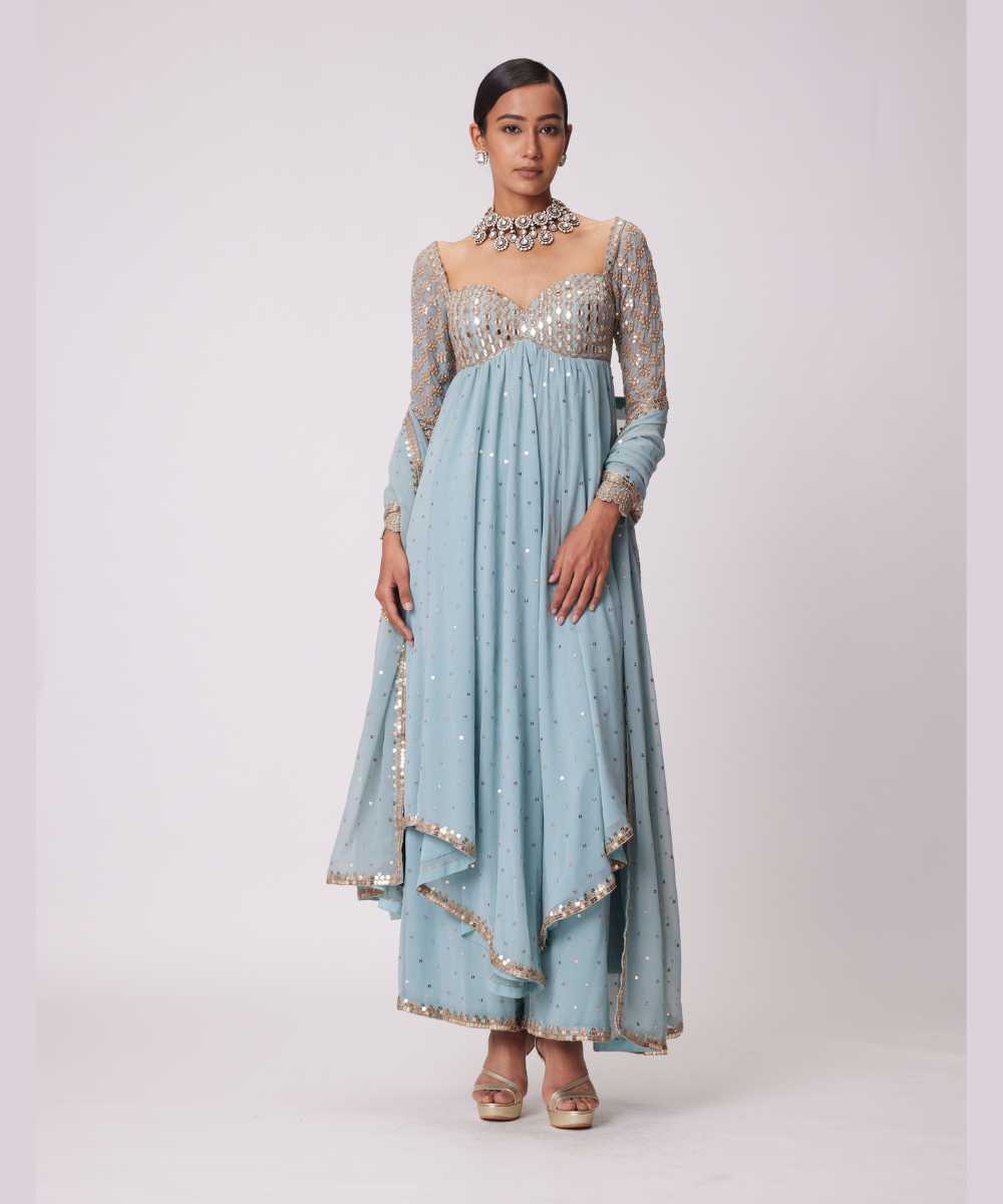 POWDER BLUE HIGH LOW KURTA SET - Collection name Jugmug Bride by Vvani Vats