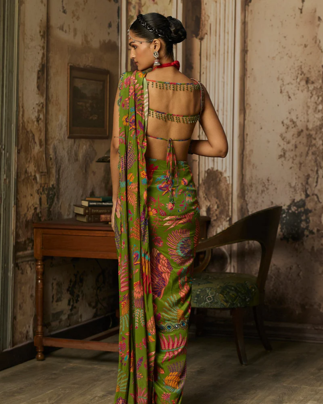 Diya Rajvvir - Pear Green Printed And Highlighted Pre-Draped Slit Skirt Saree Set from Bahaar