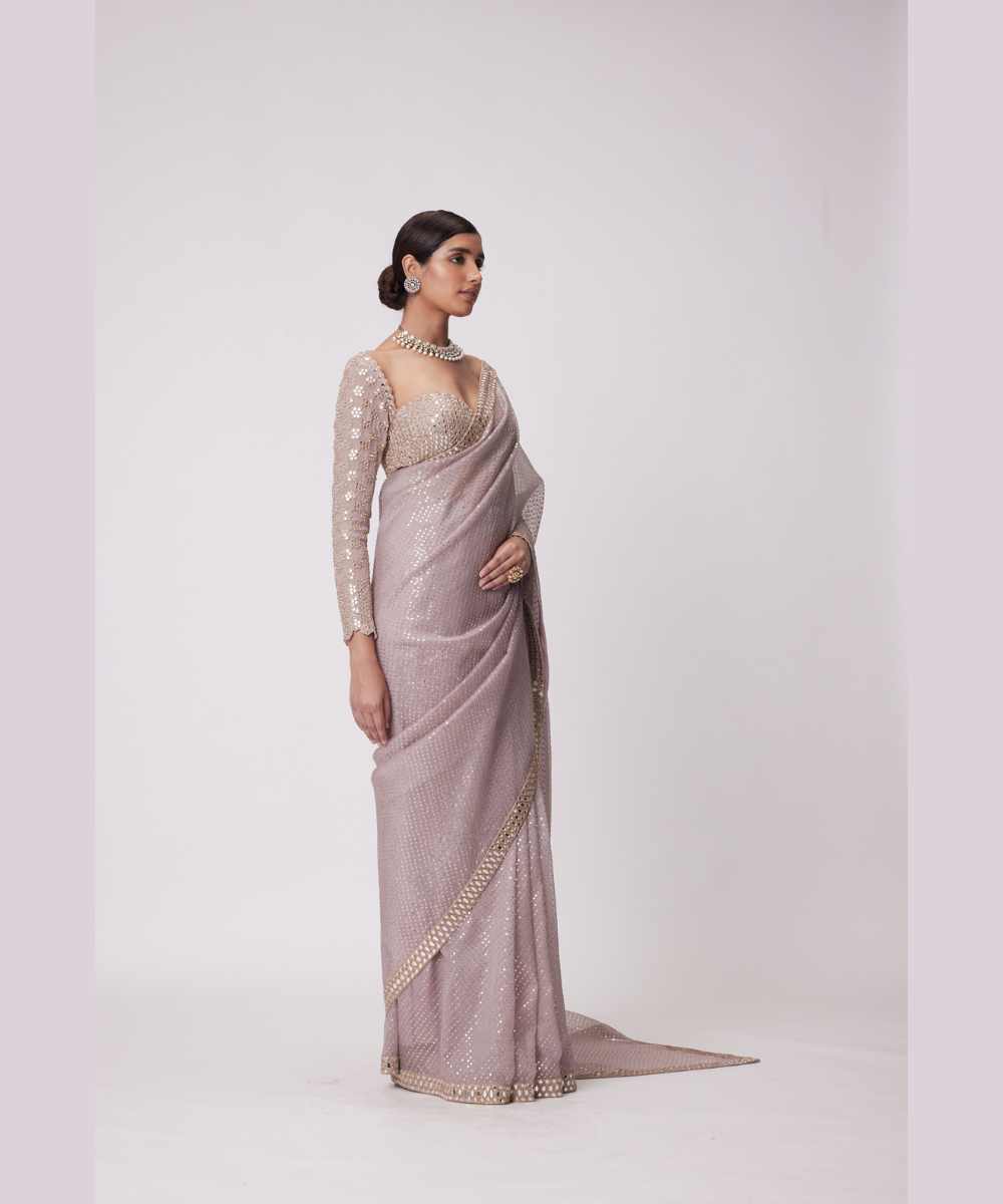 ASH PINK HAND EMBROIDERED ORGANZA SAREE SET -  Jugmug Bride by Vvani Vats