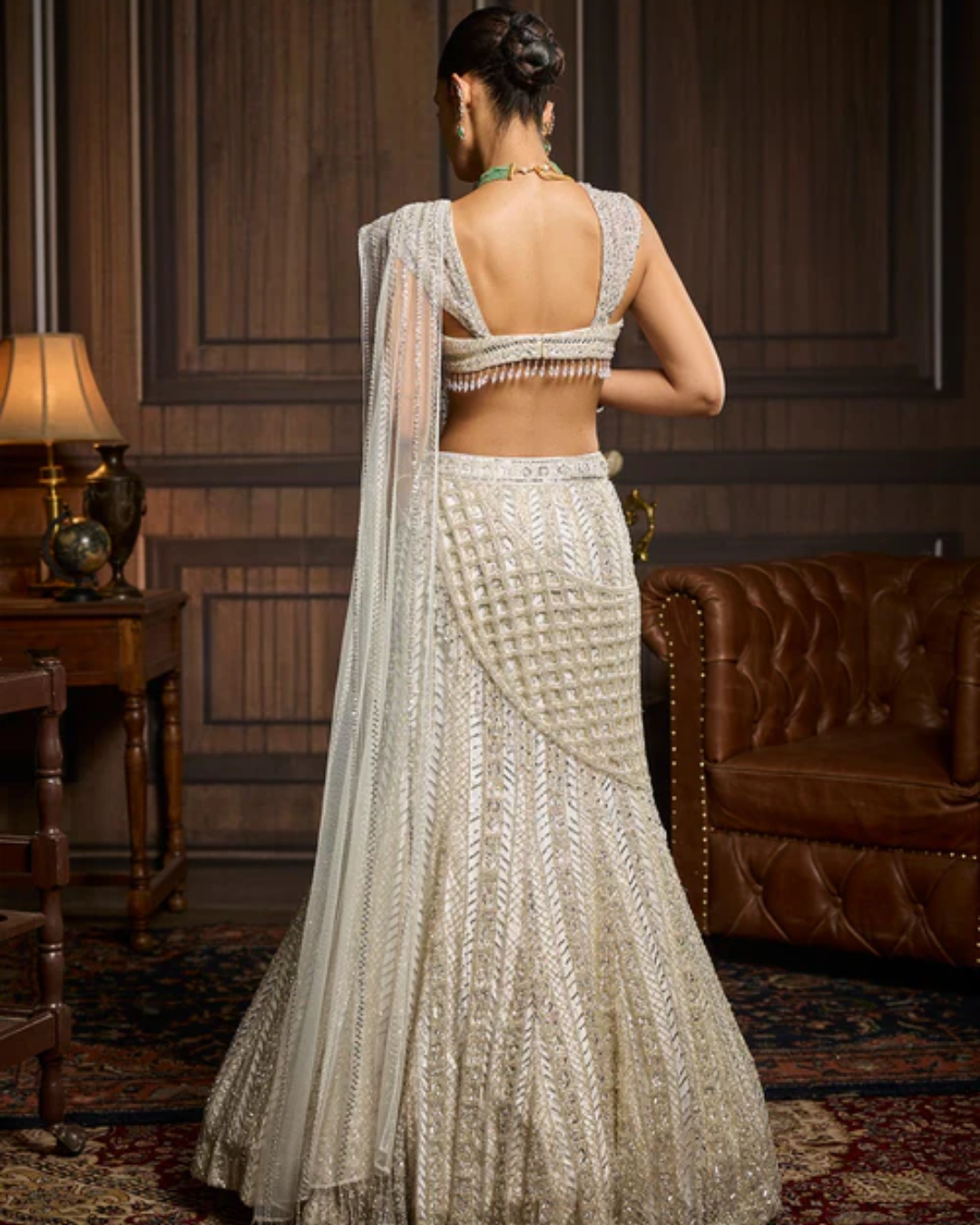 Diya Rajvvir - Silver Embellished Mermaid Skirt Saree Set from Taara