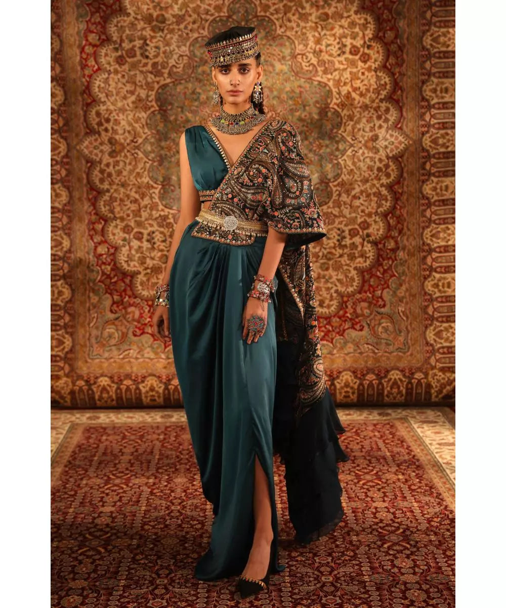 ADITI GUPTA - Teal Jamawaar Blouse with Draped Saree Skirt