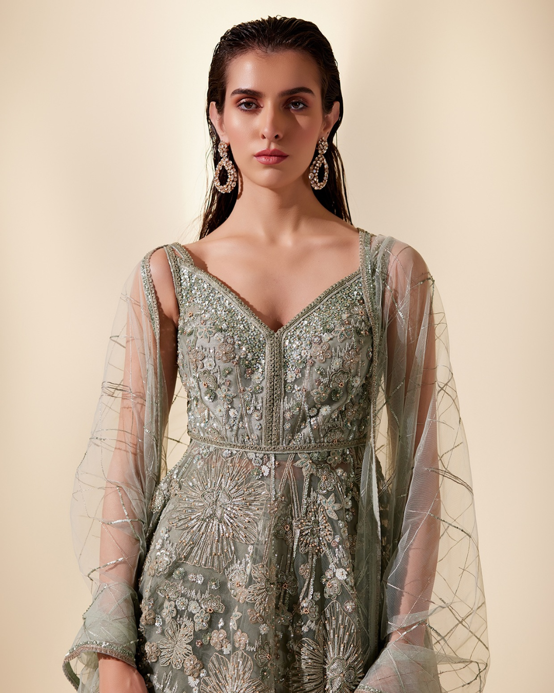 Adaara Couture - Mint Silk Organza & Net Hand Embroidered Sharara Set