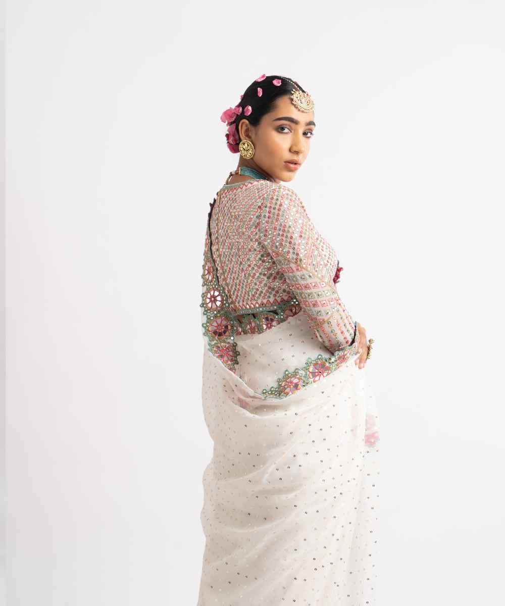 White Hand Cut Mirror Border Saree Set - Collection name Rang by Vvani vats