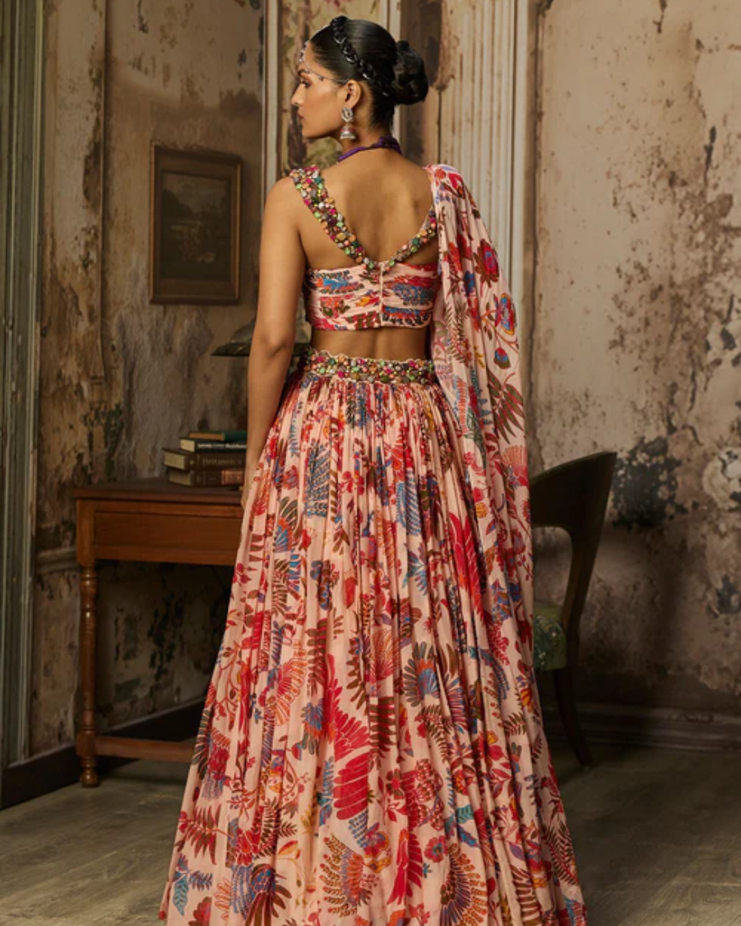 Diya Rajvvir - Blush Pink Stone Embroidered Blouse With Printed Lehenga Set from Bahaar