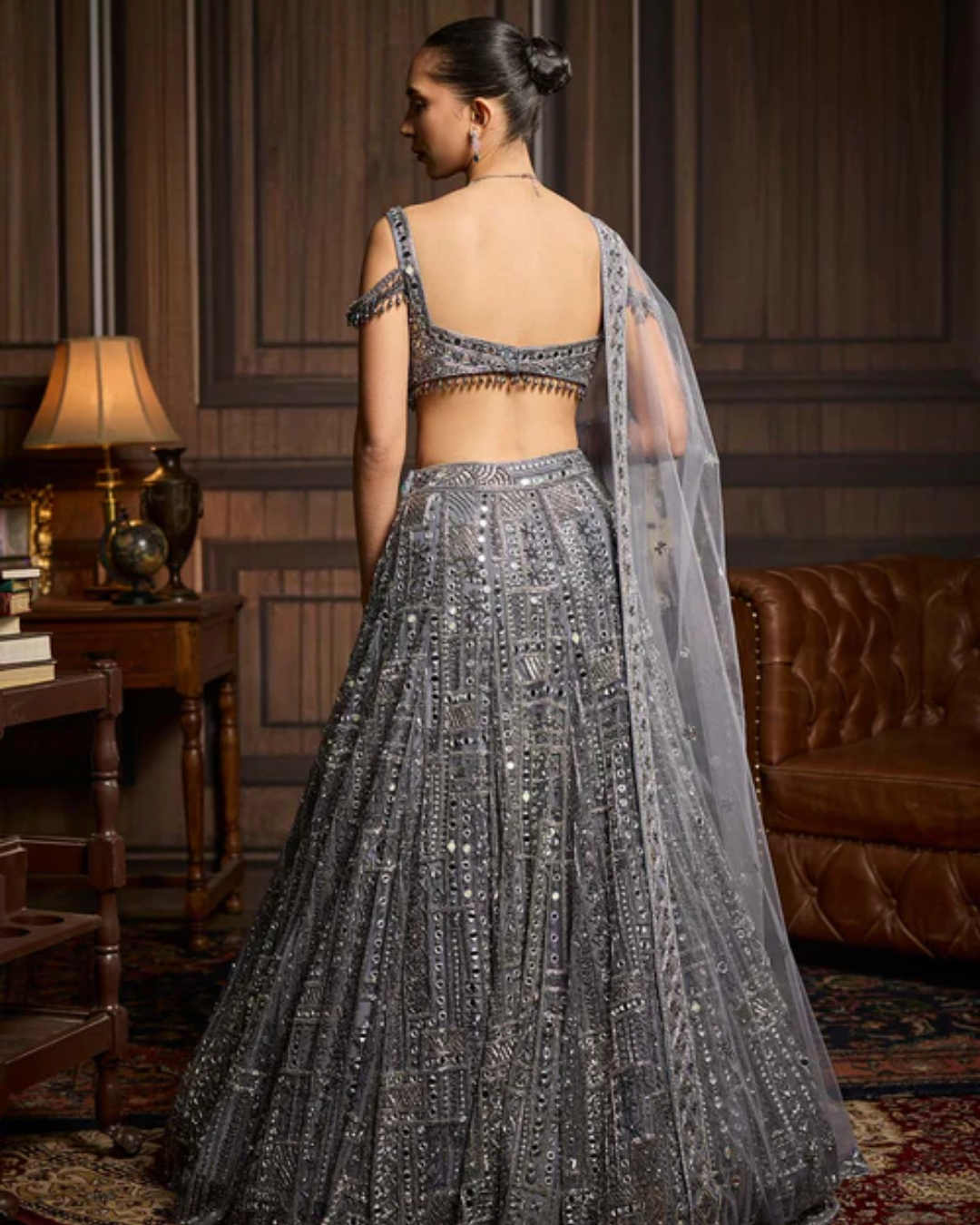 Diya Rajvvir - Silver Embellished Mirrorwork Lehenga Set from Taara