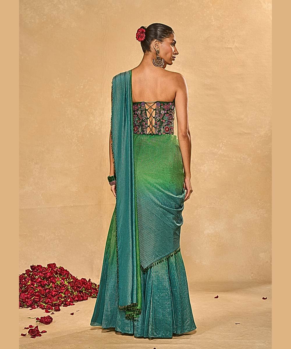 ASMA SAREE - Green to blue ombre tissue jamewar pre-draped saree -  Leher by Chamee and Palak