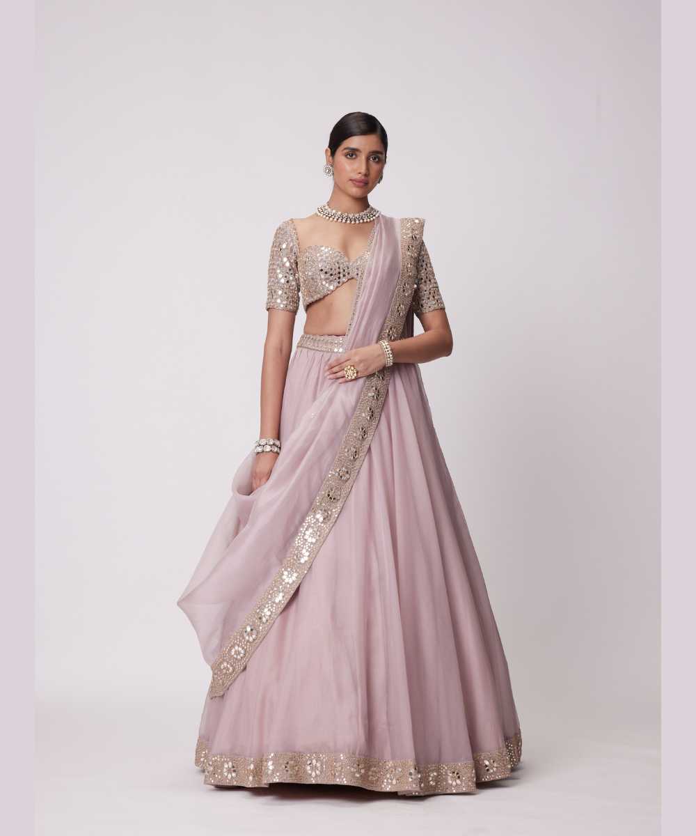 ASH PINK FLOWER BORDER ORGANZA LEHENGA SET - Jugmug Bride by Vvani Vats