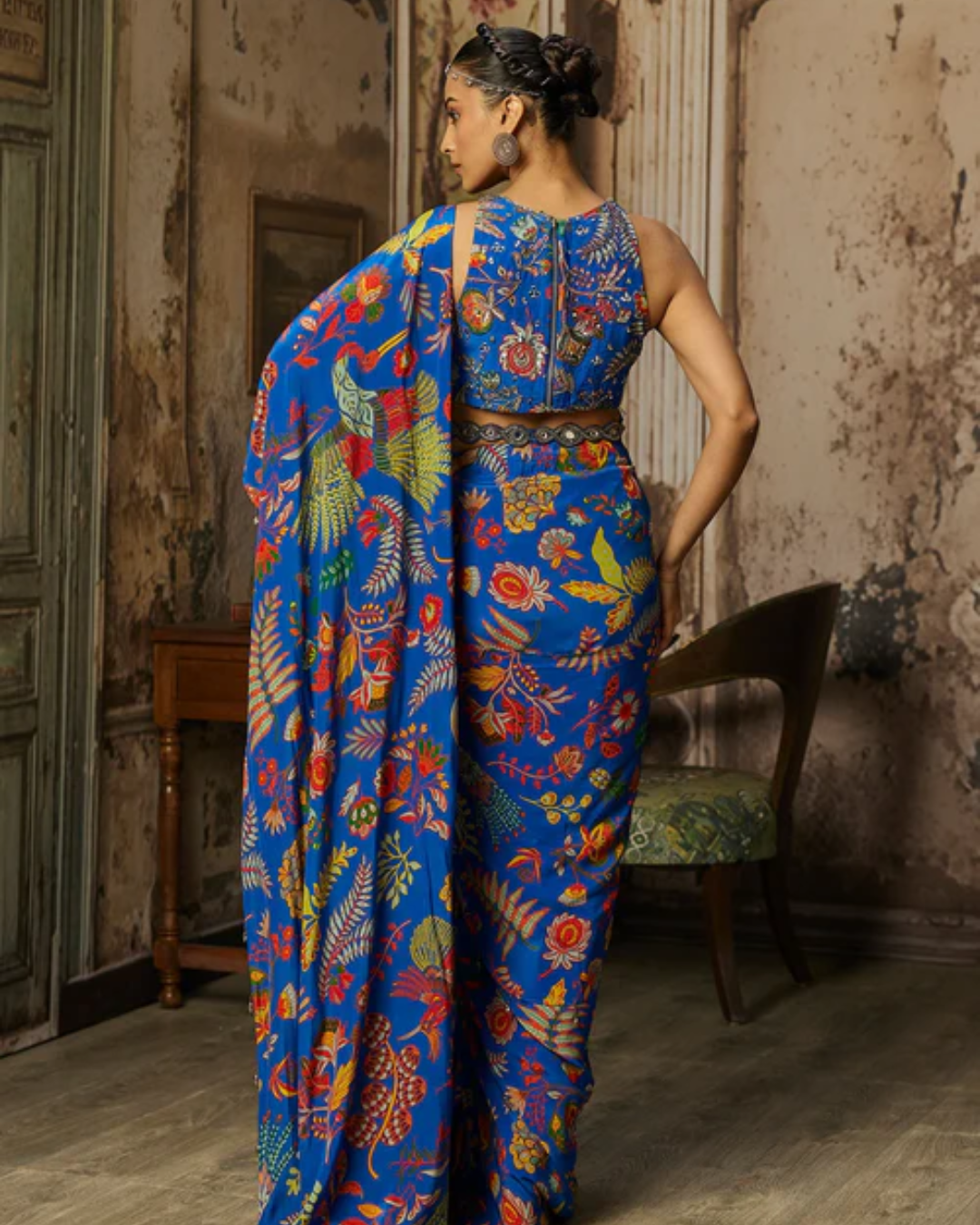Diya Rajvvir - Electric Blue Printed And Highlighted Dhoti Skirt Saree Set from Bahaar