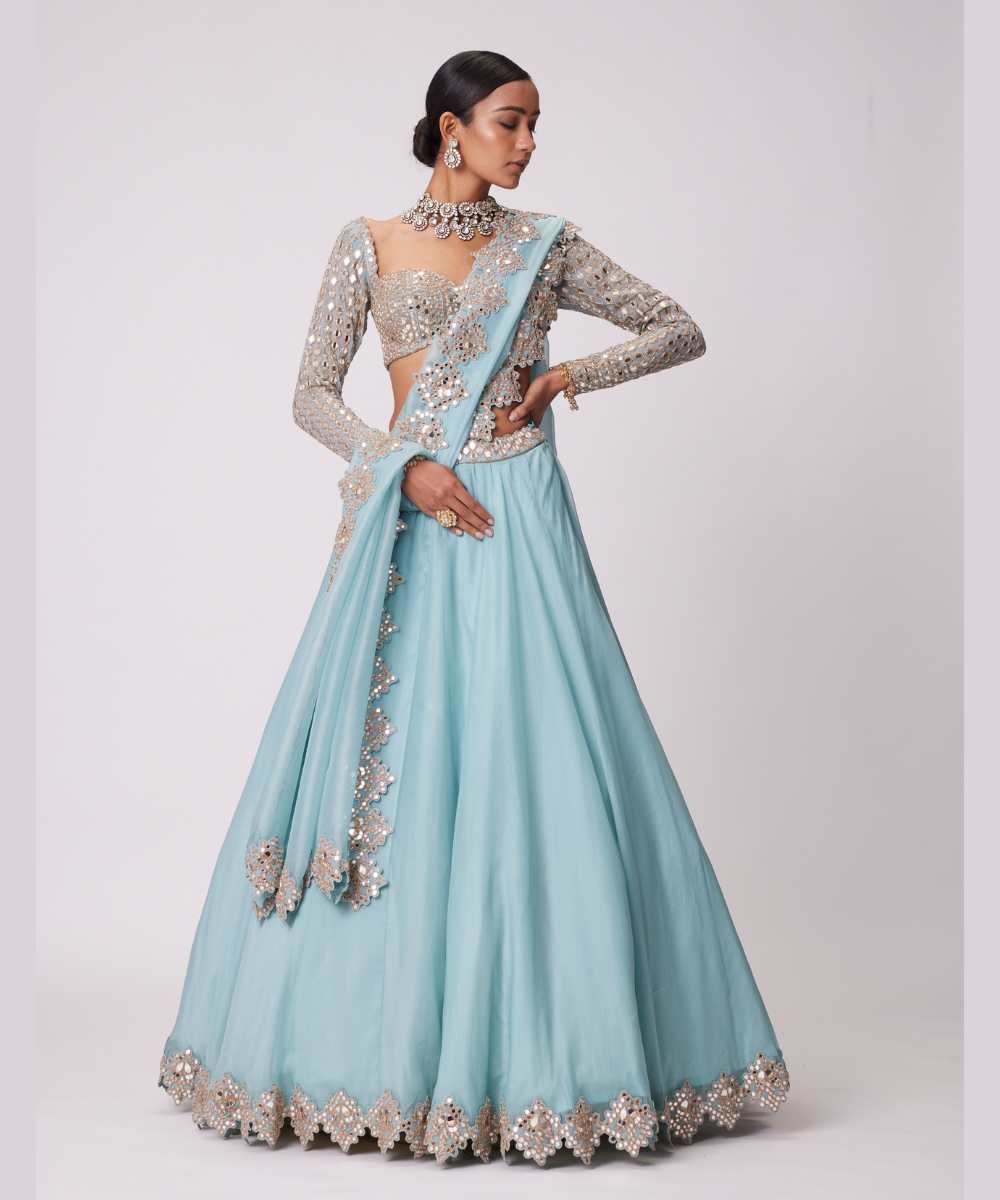 POWDER BLUE ORGANZA MIRROR EMBROIDERED LEHENGA SET -  Collection name Jugmug Bride by Vvani Vats
