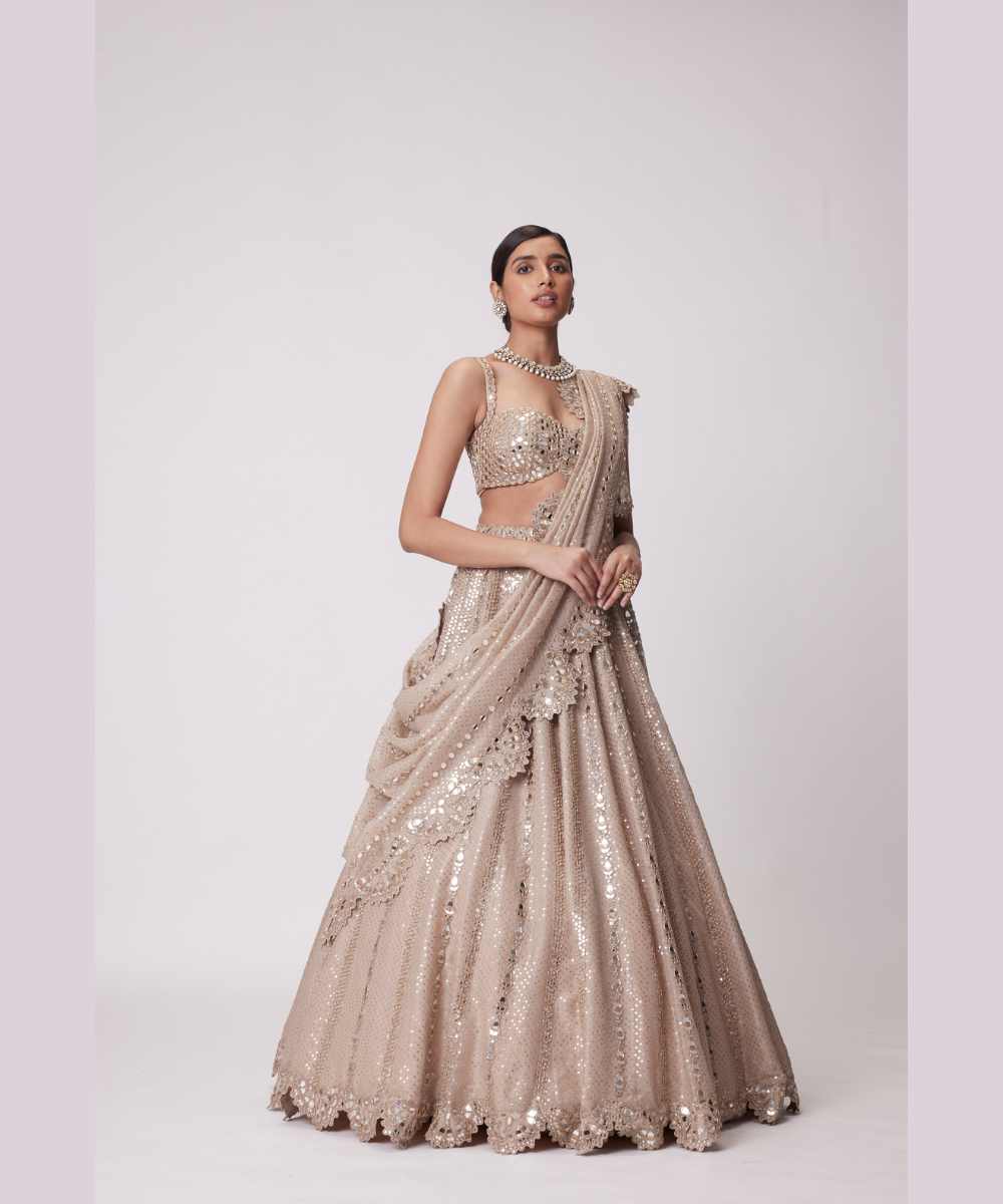 LIGHT BEIGE SEQUIN EMBROIDERED LEHENGA SET - Jugmug Bride by Vvani Vats