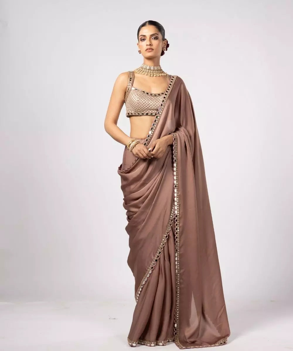 VVANI VATS - Deep beige Satin Saree with Sweetheart Neck Blouse