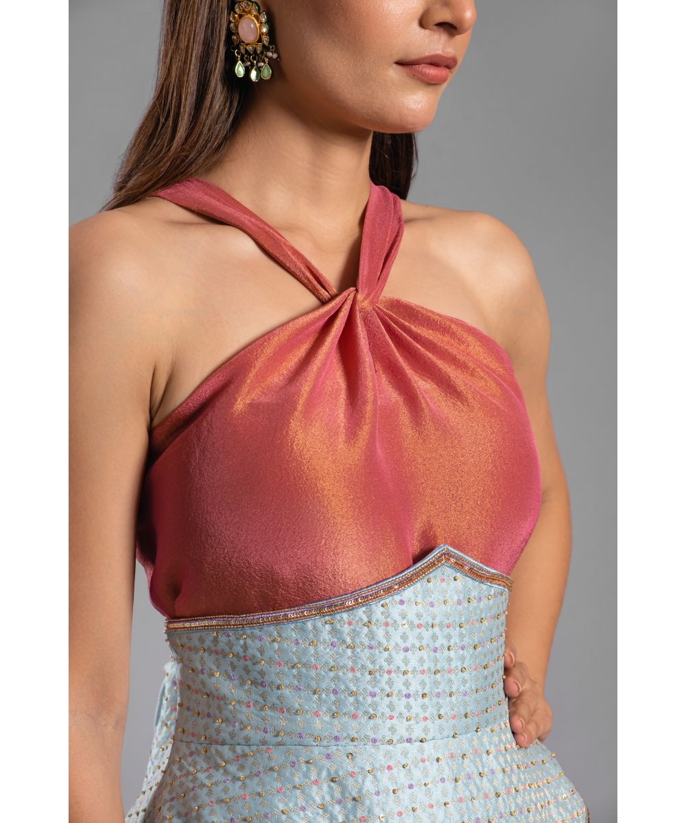 Crimson Red tissue Calf Length Dress with a Halter Neckline