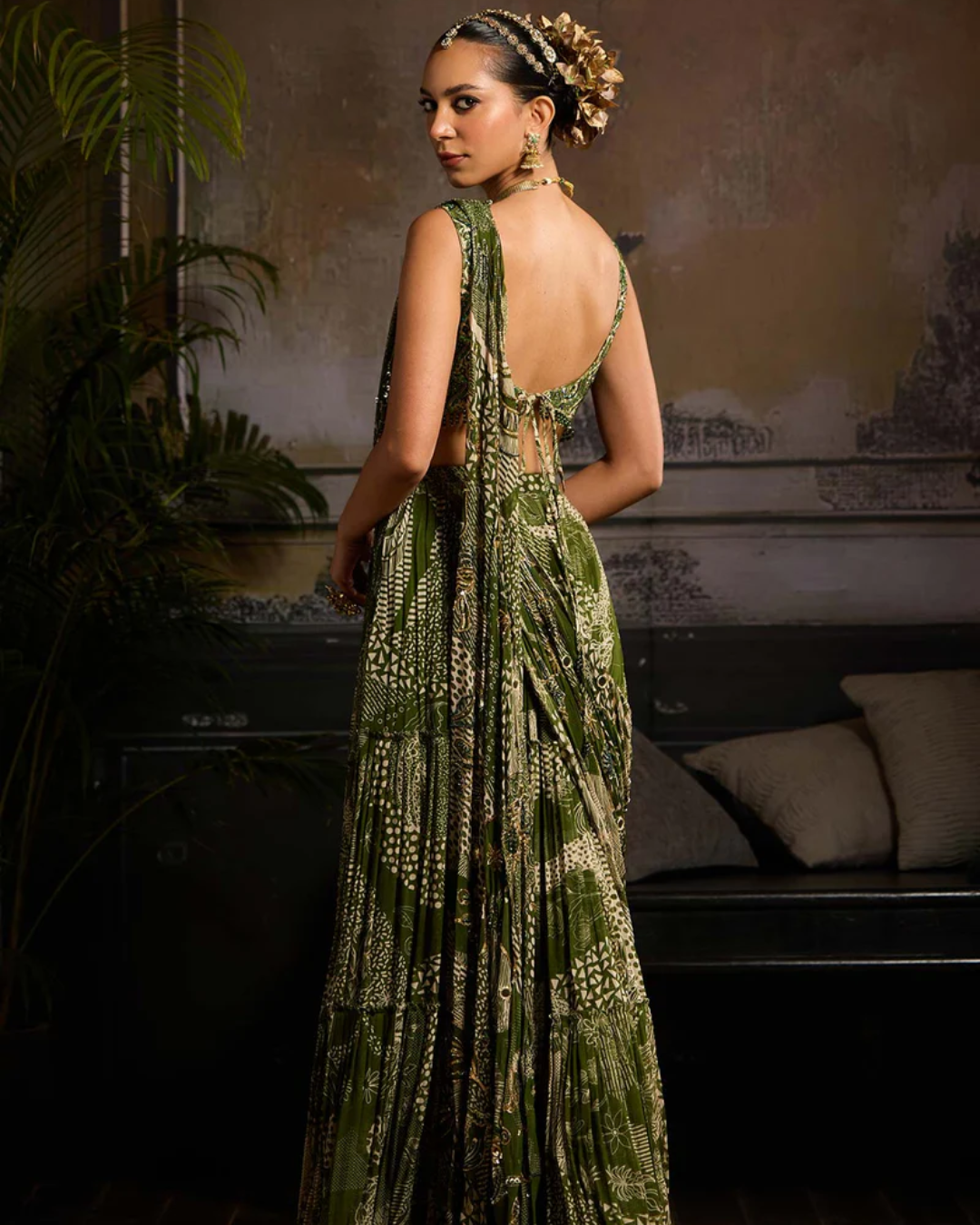 Diya Rajvvir - Sage Green Print and Highlighted Skirt Saree Set from Bahaar
