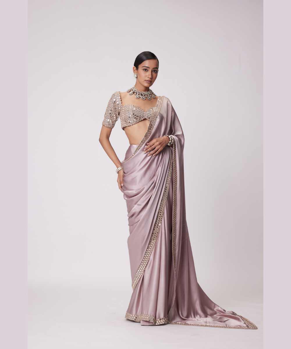 ASH PINK SATIN SAREE SET - Jugmug Bride by Vvani Vats