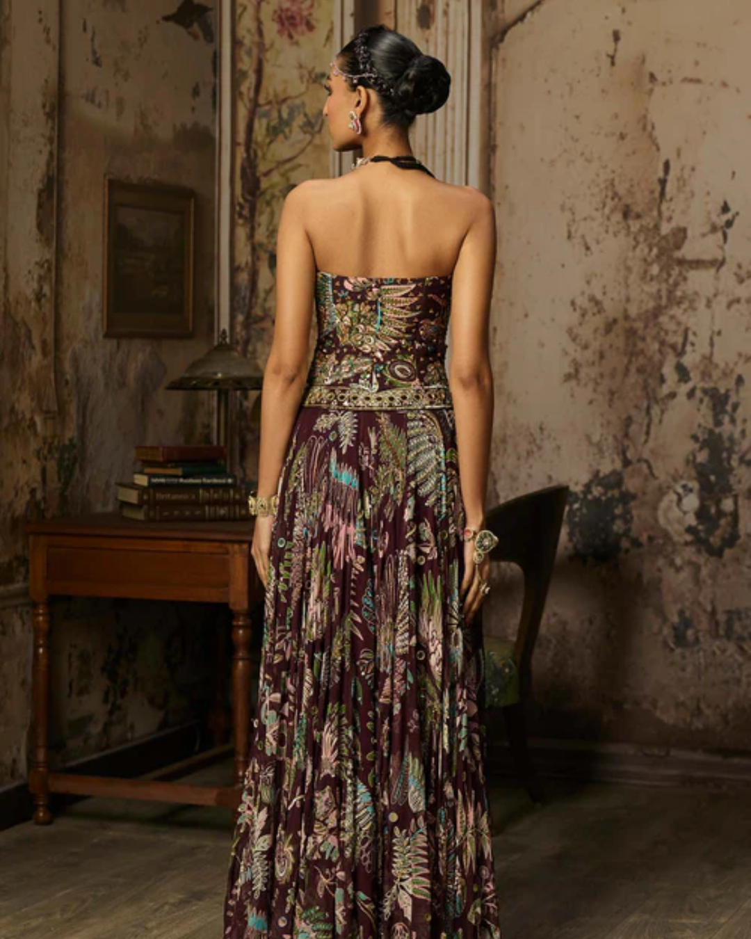 Diya Rajvvir - Plum Print And Highlighted Blouse With Skirt Set from Bahaar